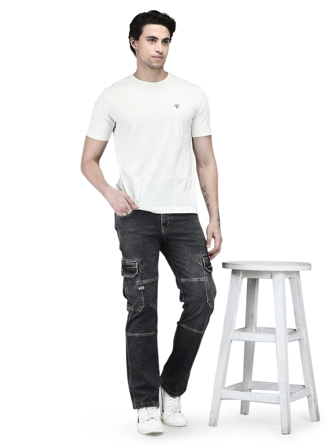 Flaked Denim Cargo Relaxed Fit Jeans