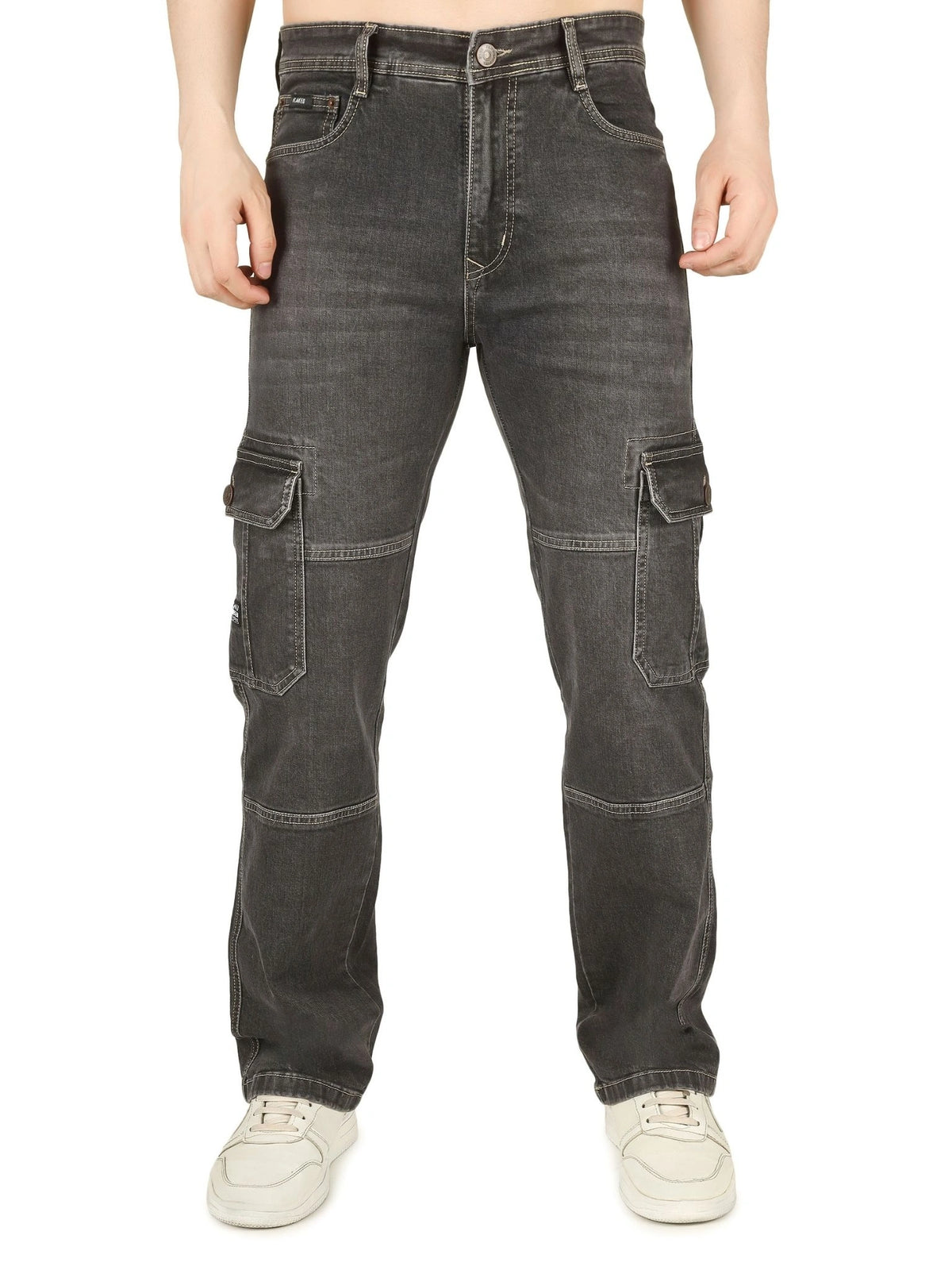 Denim Cargo Relaxed Fit Jeans with Flap Pocket - Charcoal Noir