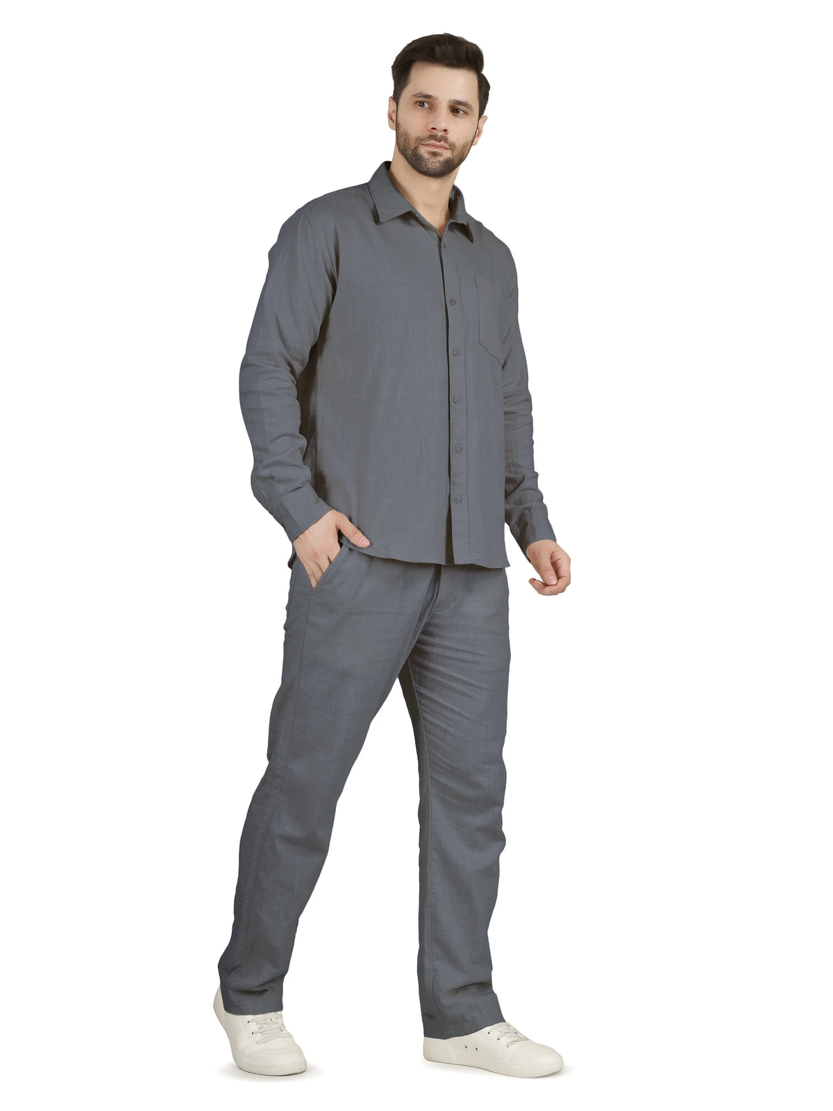 Natural Linen Cotton Blend Cord Set - Slate Blue
