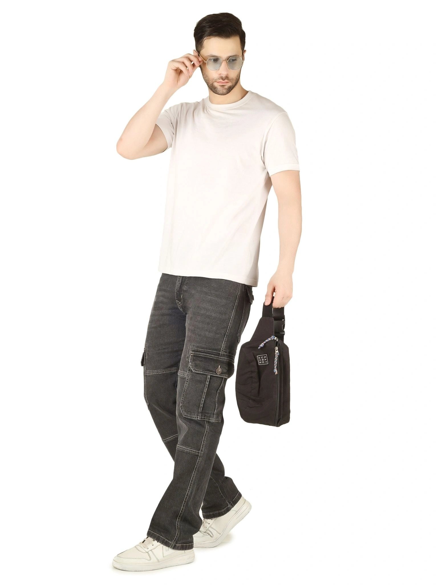 Denim Cargo Relaxed Fit Jeans with Flap Pocket - Charcoal Noir