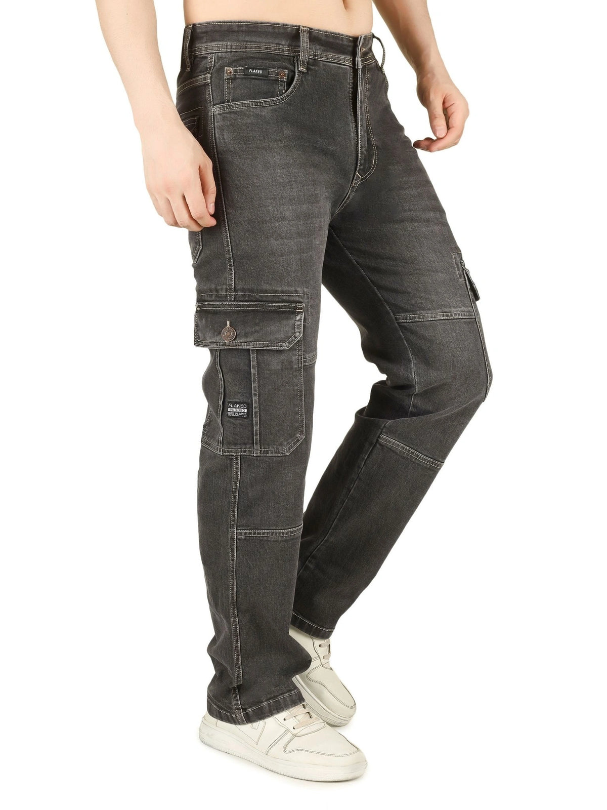 FLAKED Denim Cargo Relaxed Fit Jeans with Flap Pocket - Charcoal Noir