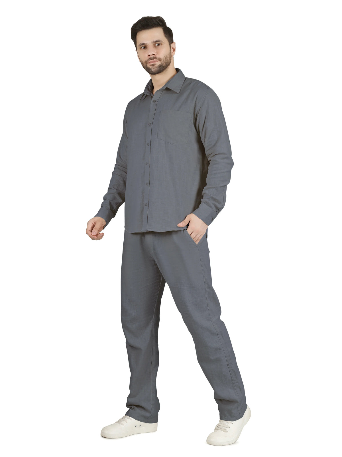 Natural Linen Cotton Blend Cord Set - Slate Blue