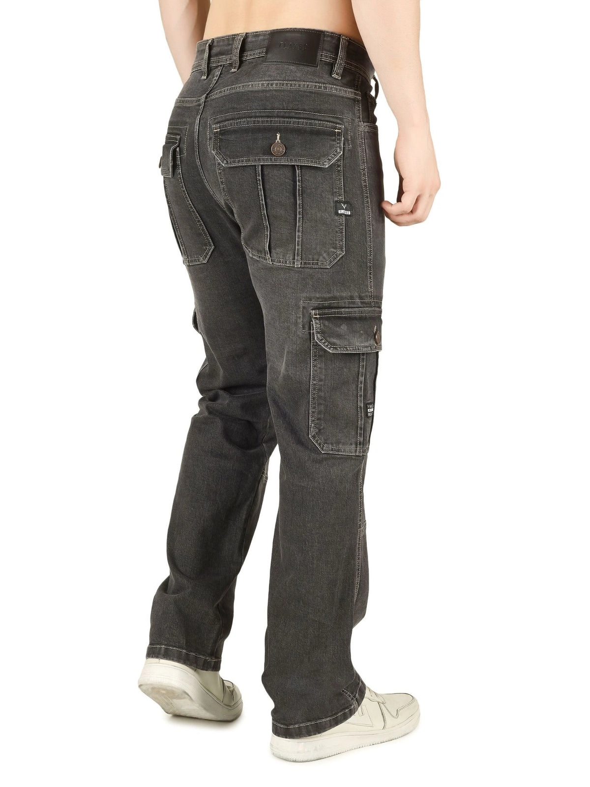 FLAKED Denim Cargo Relaxed Fit Jeans with Flap Pocket - Charcoal Noir