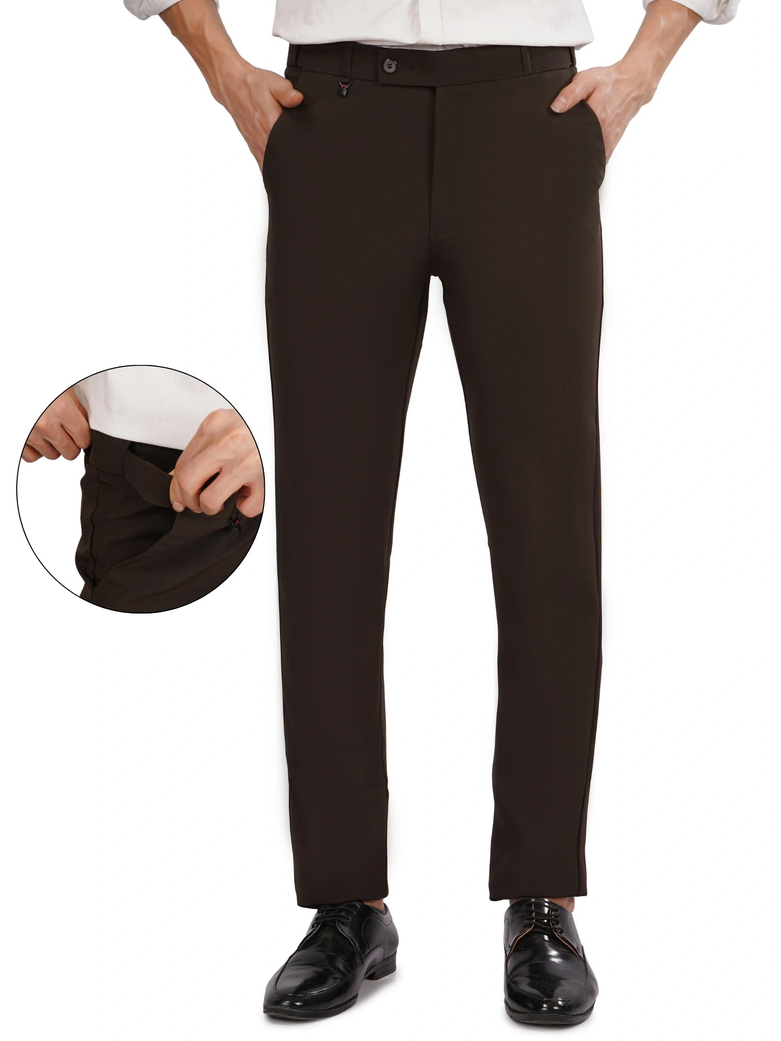 FLAKED Mocha Brown Flexi Belt Formal Pant FLAKED Mocha Brown Flexi Belt Formal Pant