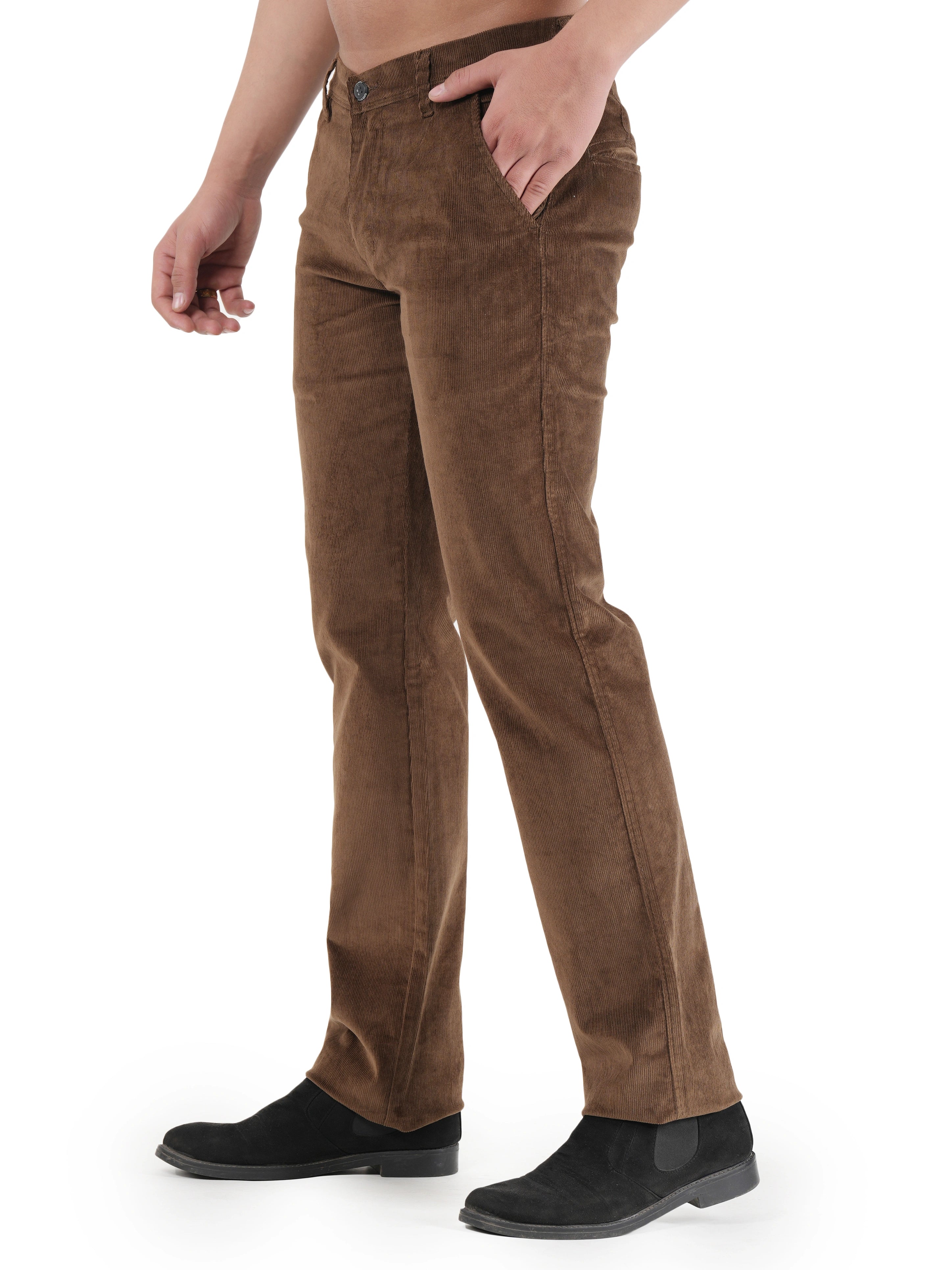 Flaked Corduroy Relaxed Fit Stretchable Trouser - Earthwood Brown