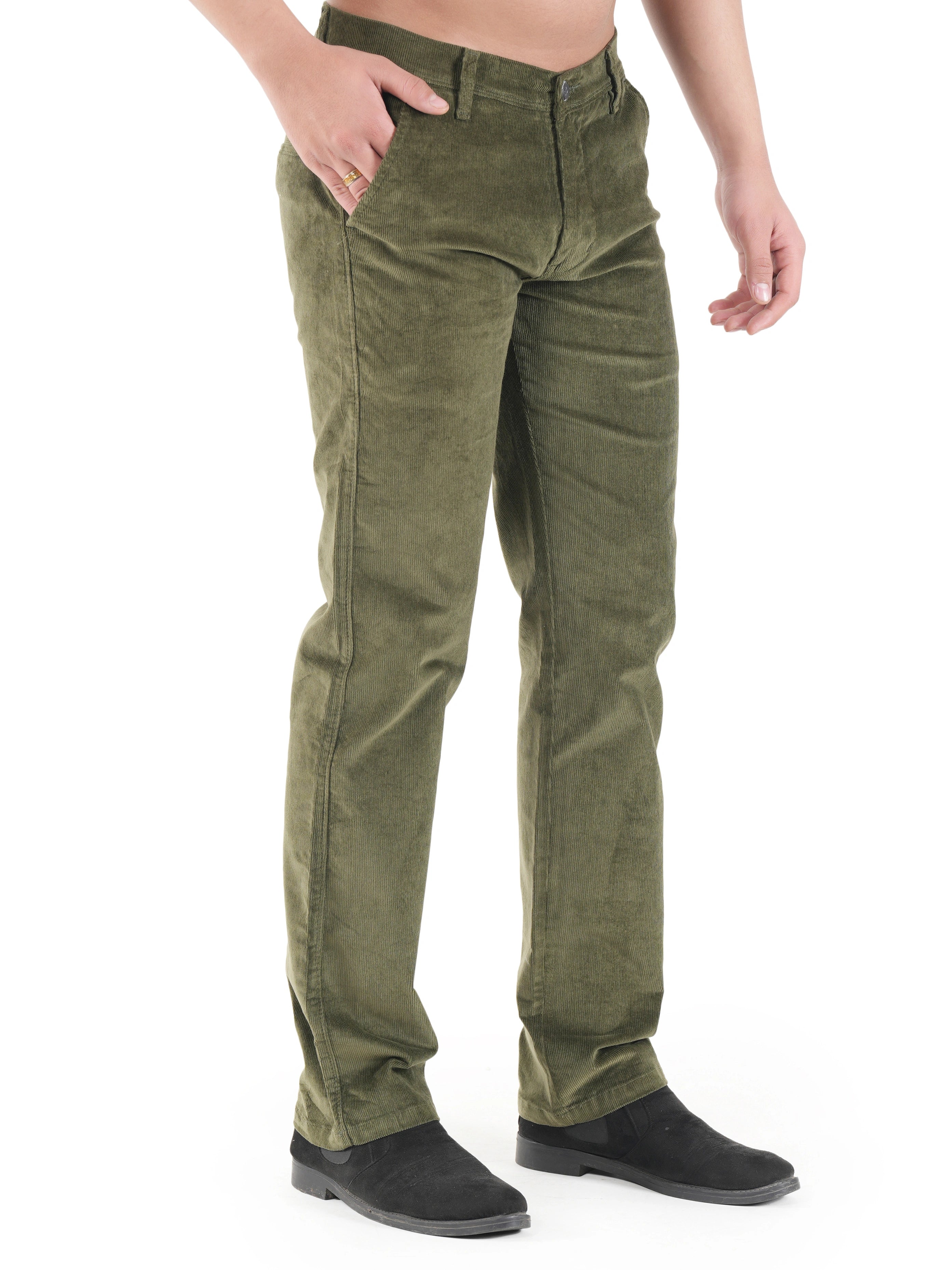 Flaked Corduroy Relaxed Fit Stretchable Trouser - Olive Grove