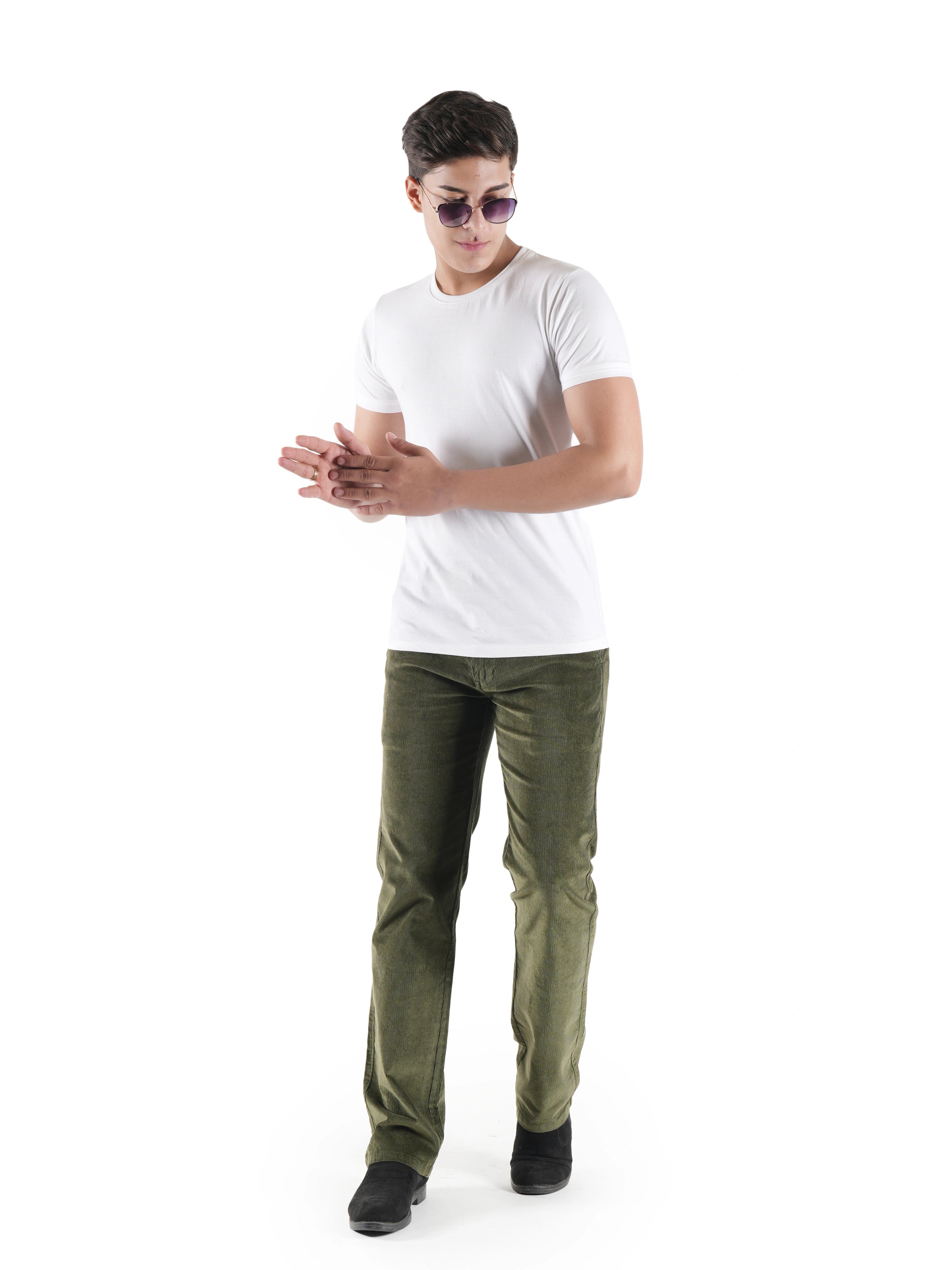 Flaked Corduroy Relaxed Fit Stretchable Trouser - Olive Grove
