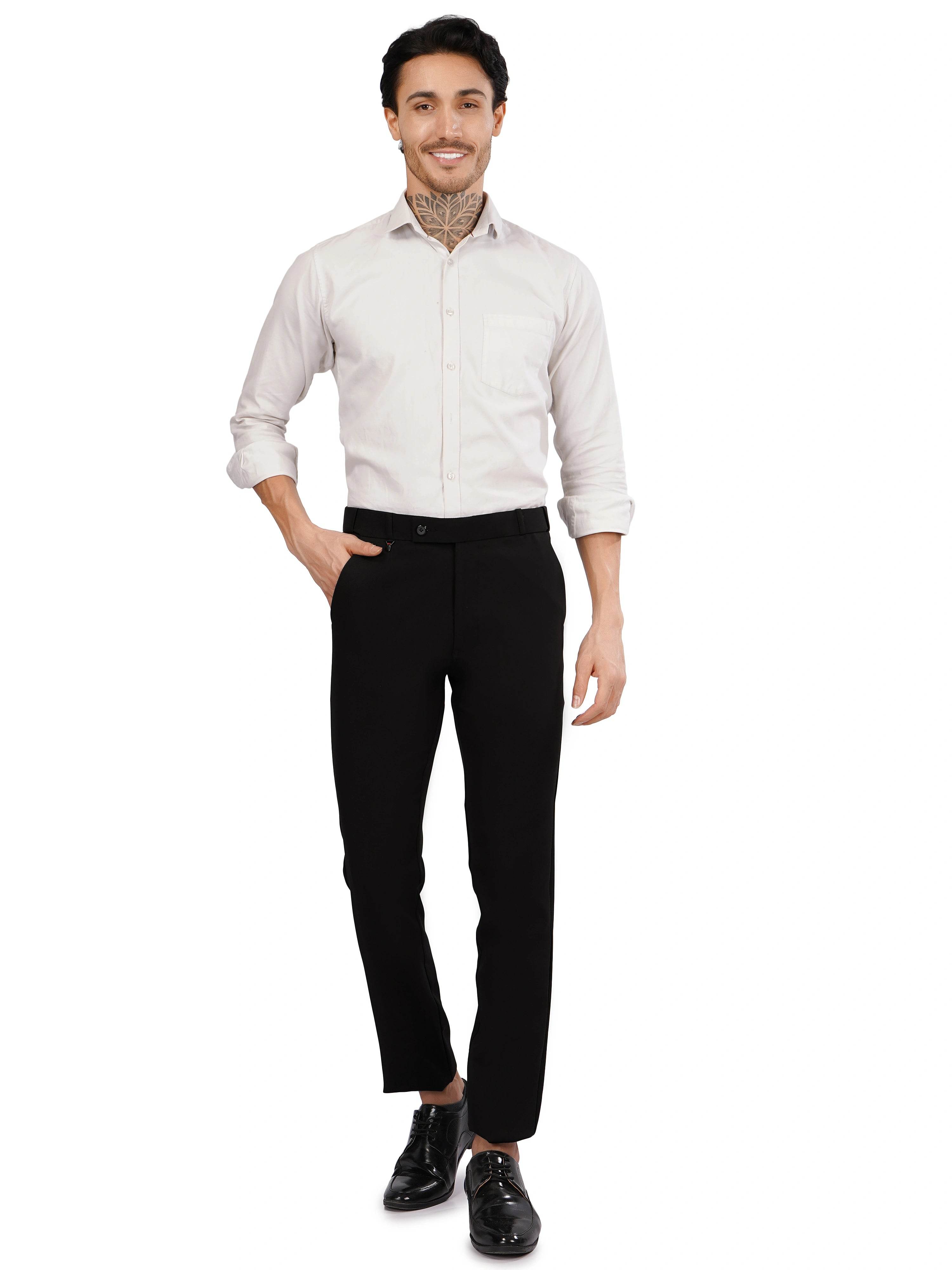 Flexi Belt Regular Fit Stretchable Formal Pant – Jet Black - Flaked