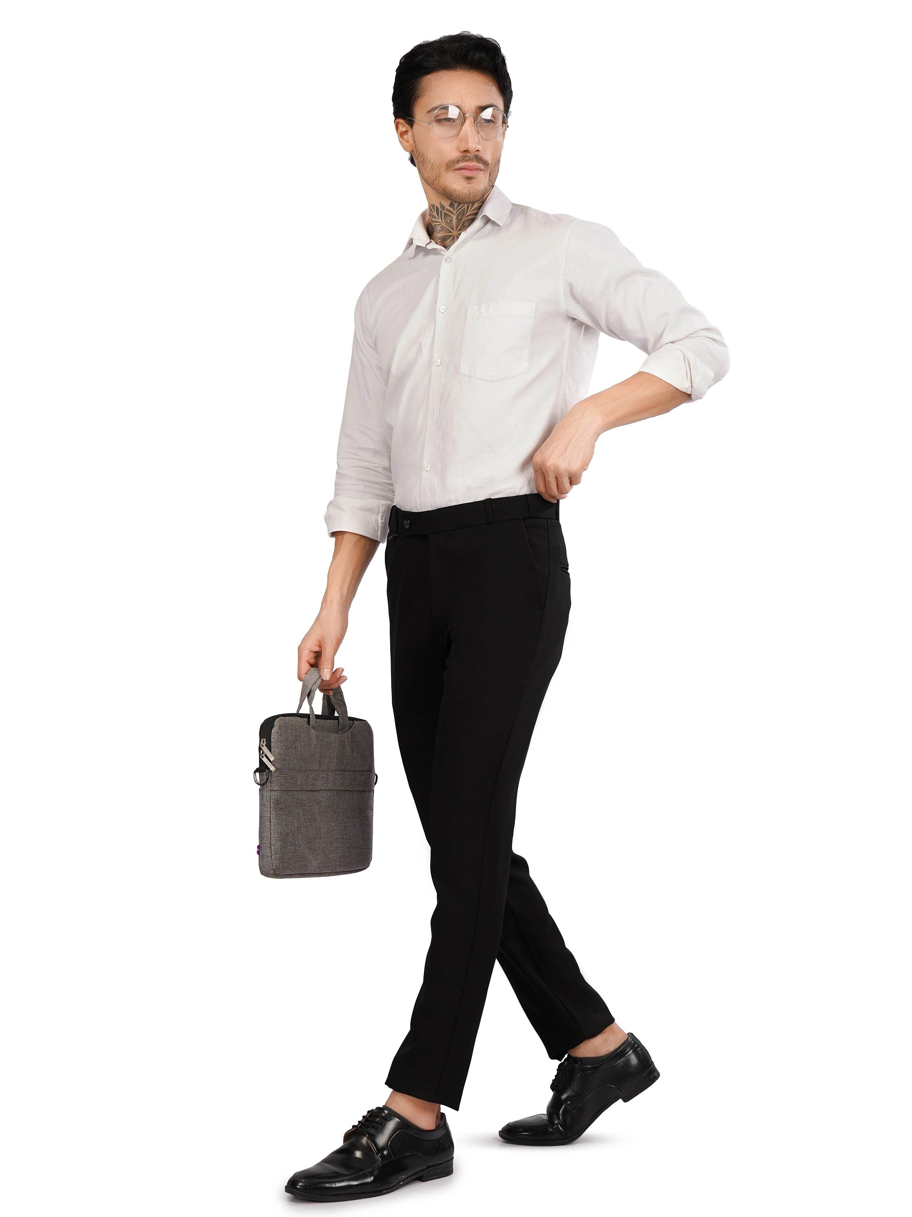 Flexi Belt Regular Fit Stretchable Formal Pant – Jet Black - Flaked