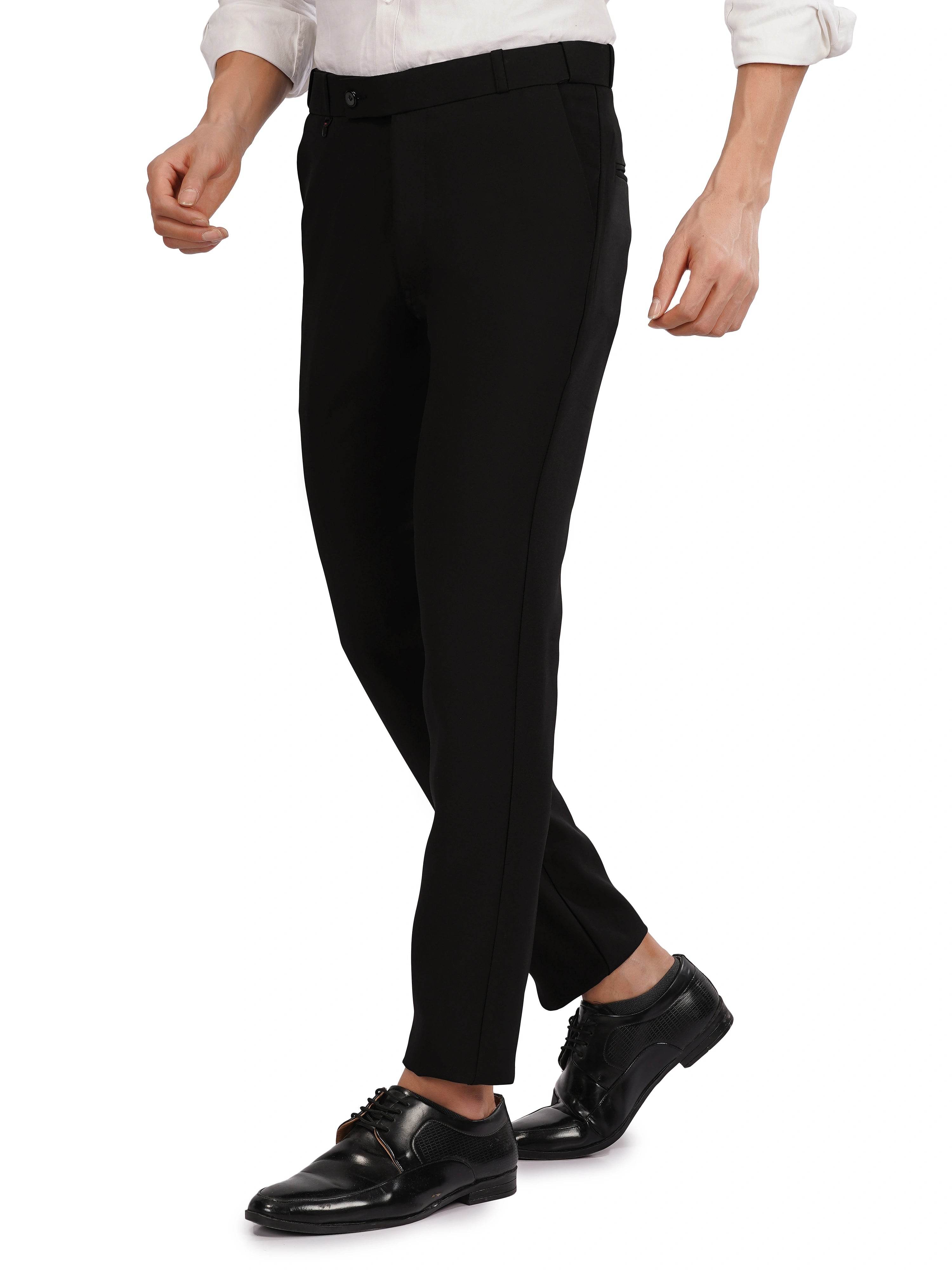 Flexi Belt Regular Fit Stretchable Formal Pant – Jet Black - Flaked