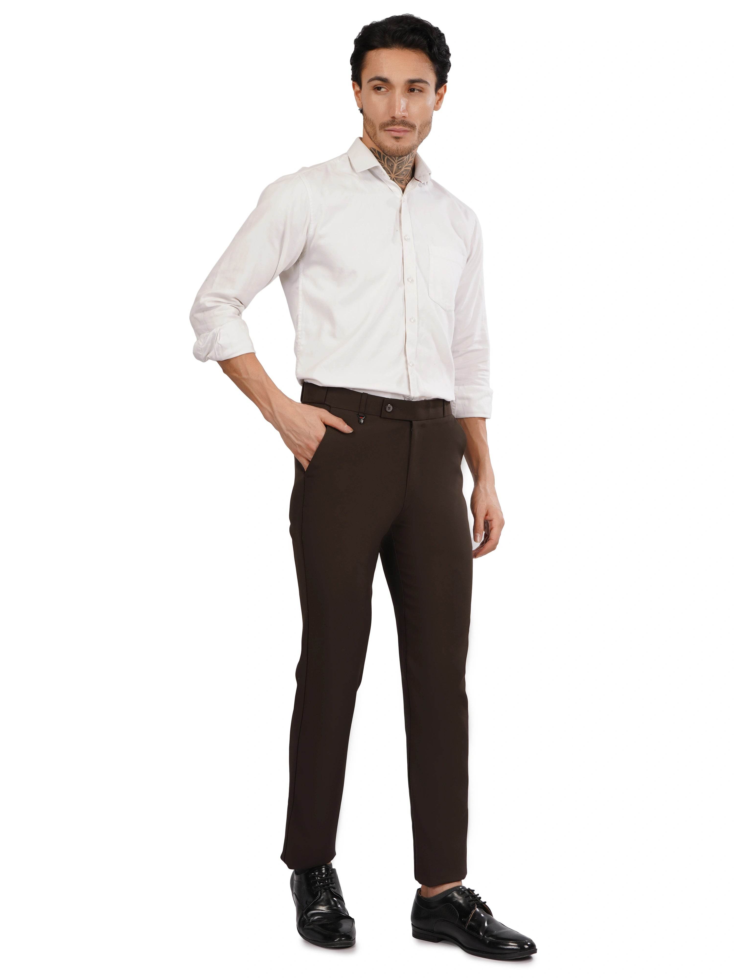 Flexi Belt Regular Fit Stretchable Formal Pant – Mocha Brown - Flaked