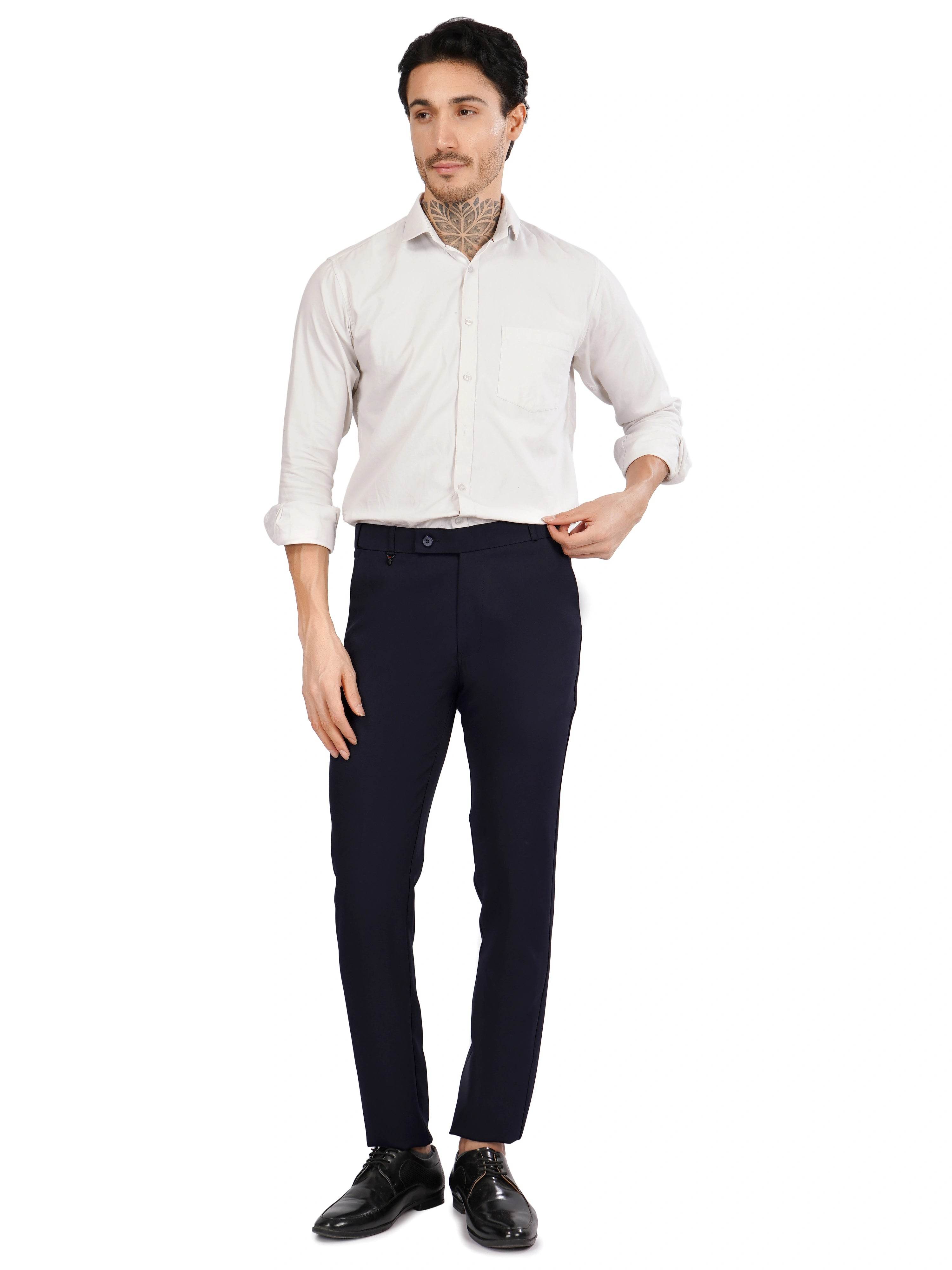 FLAKED FLEXI BELT REGULAR FIT STRETCHABLE FORMAL PANTS OCEAN NAVY