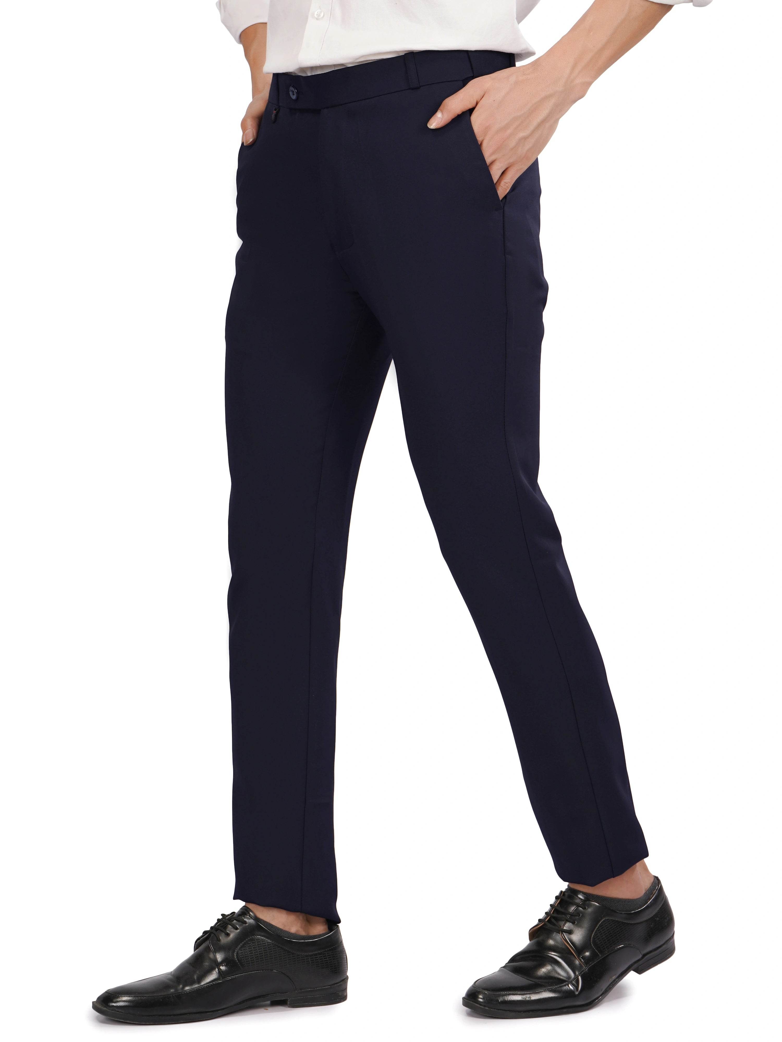FLAKED FLEXI BELT REGULAR FIT STRETCHABLE FORMAL PANTS OCEAN NAVY