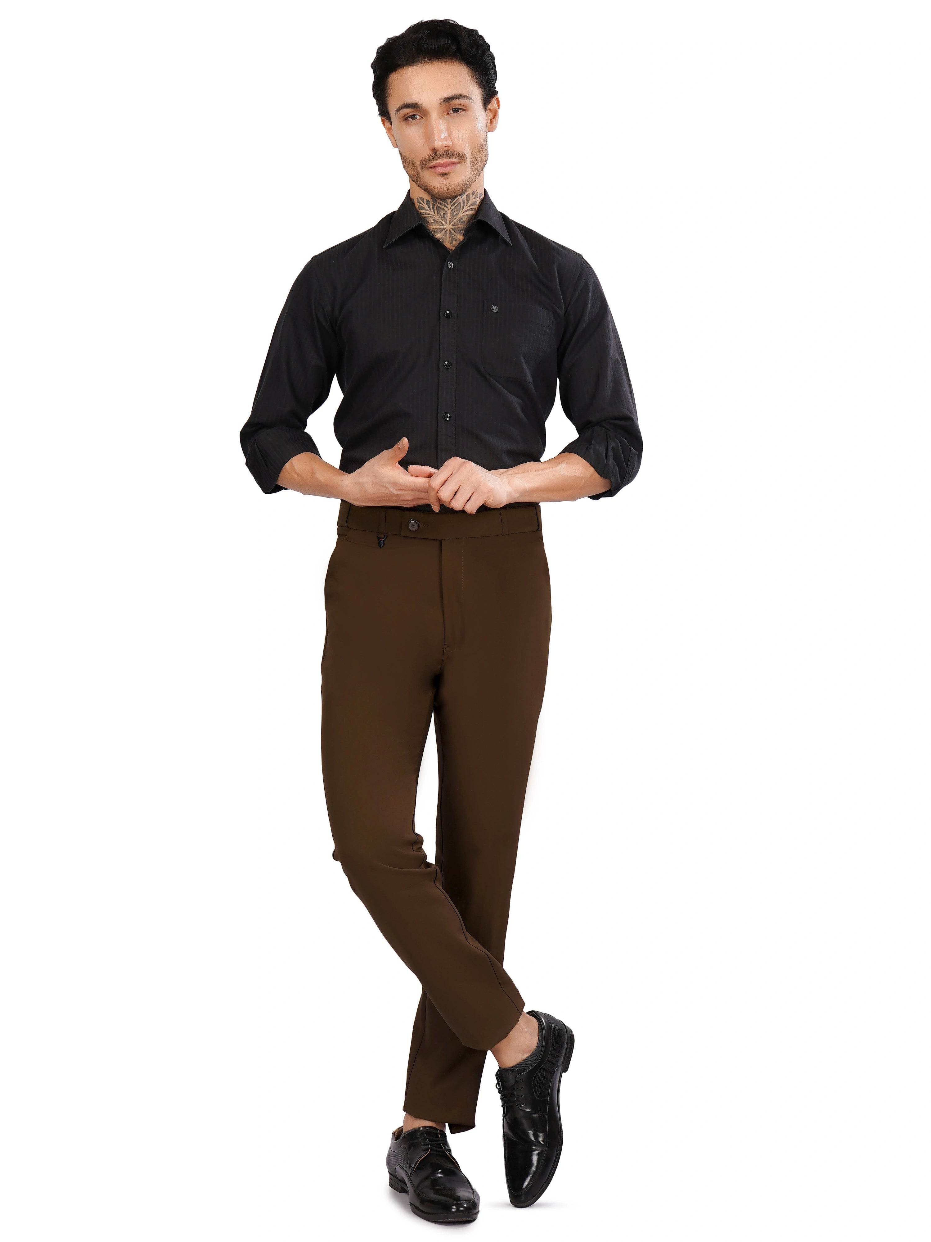 Flexi Belt Regular Fit Stretchable Formal Pant – Rust Brown - Flaked