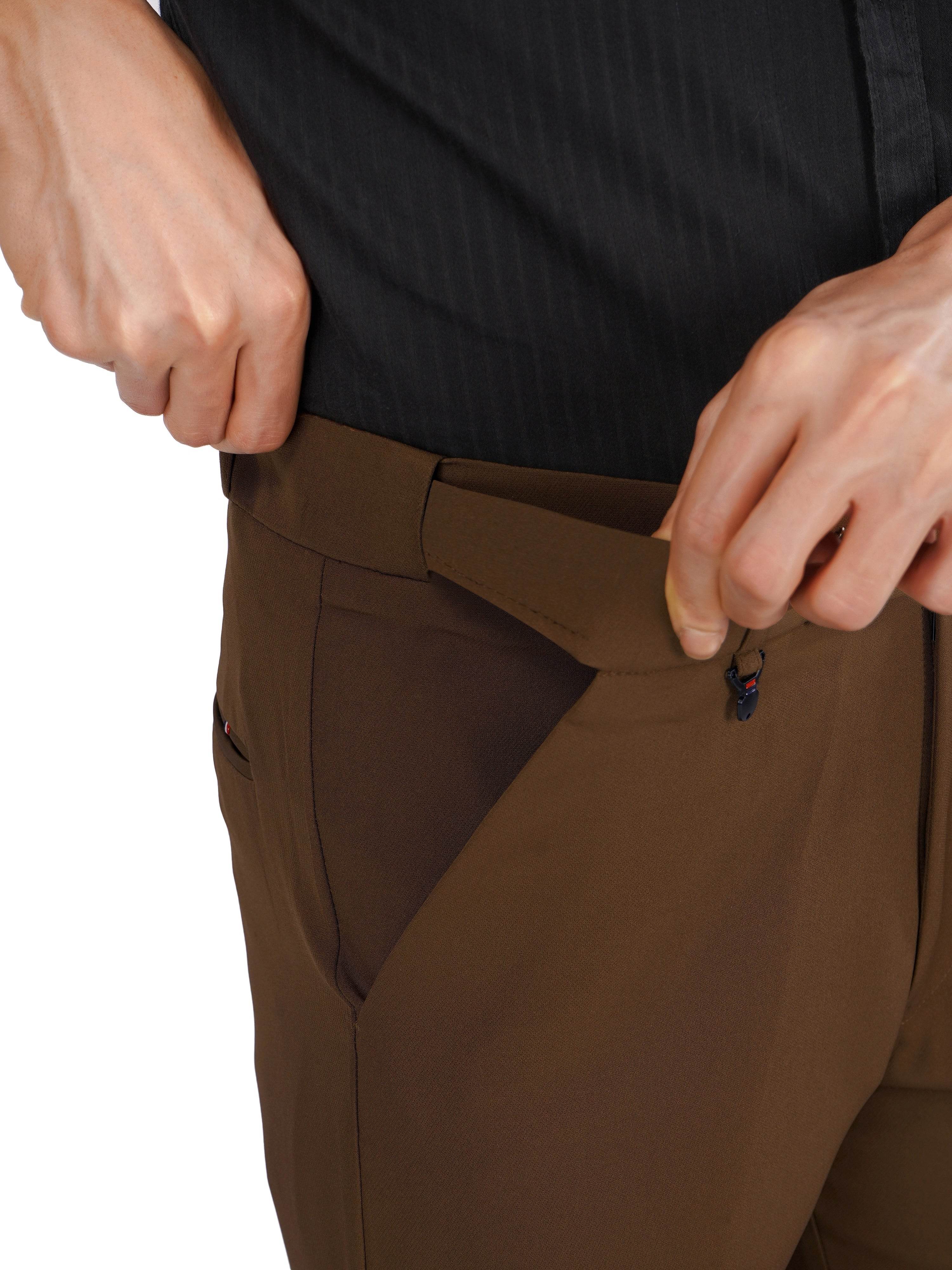 Flexi Belt Regular Fit Stretchable Formal Pant – Rust Brown - Flaked