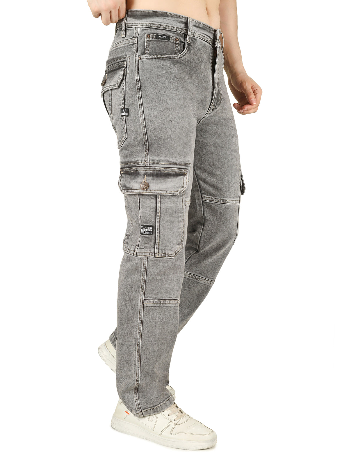 FLAKED Denim Cargo Relaxed Fit Jeans with Flap Pocket - Cloud Grey