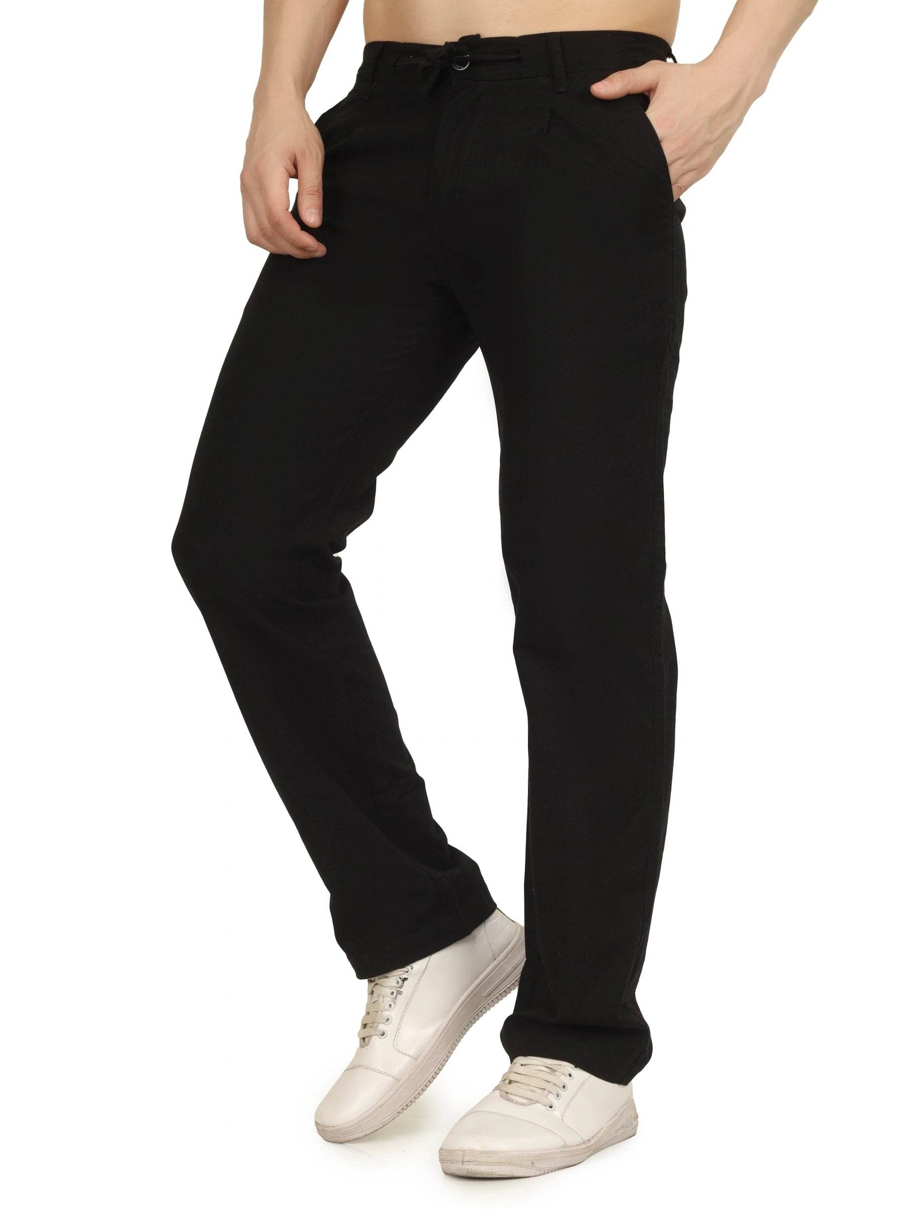 Linen Draw-String Comfort Fit Stretchable Trouser – Black - Flaked
