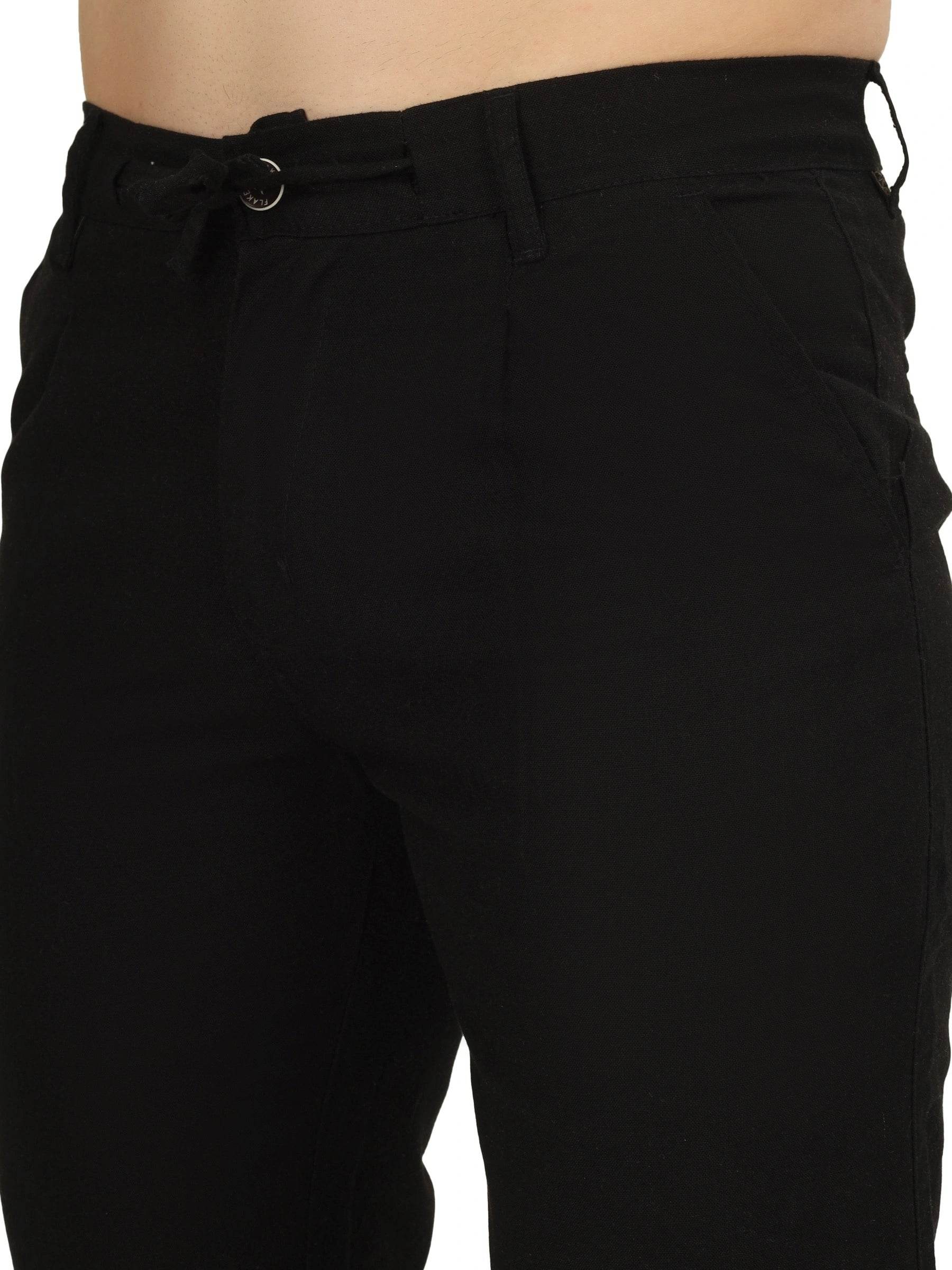 Linen Draw-String Comfort Fit Stretchable Trouser – Black - Flaked