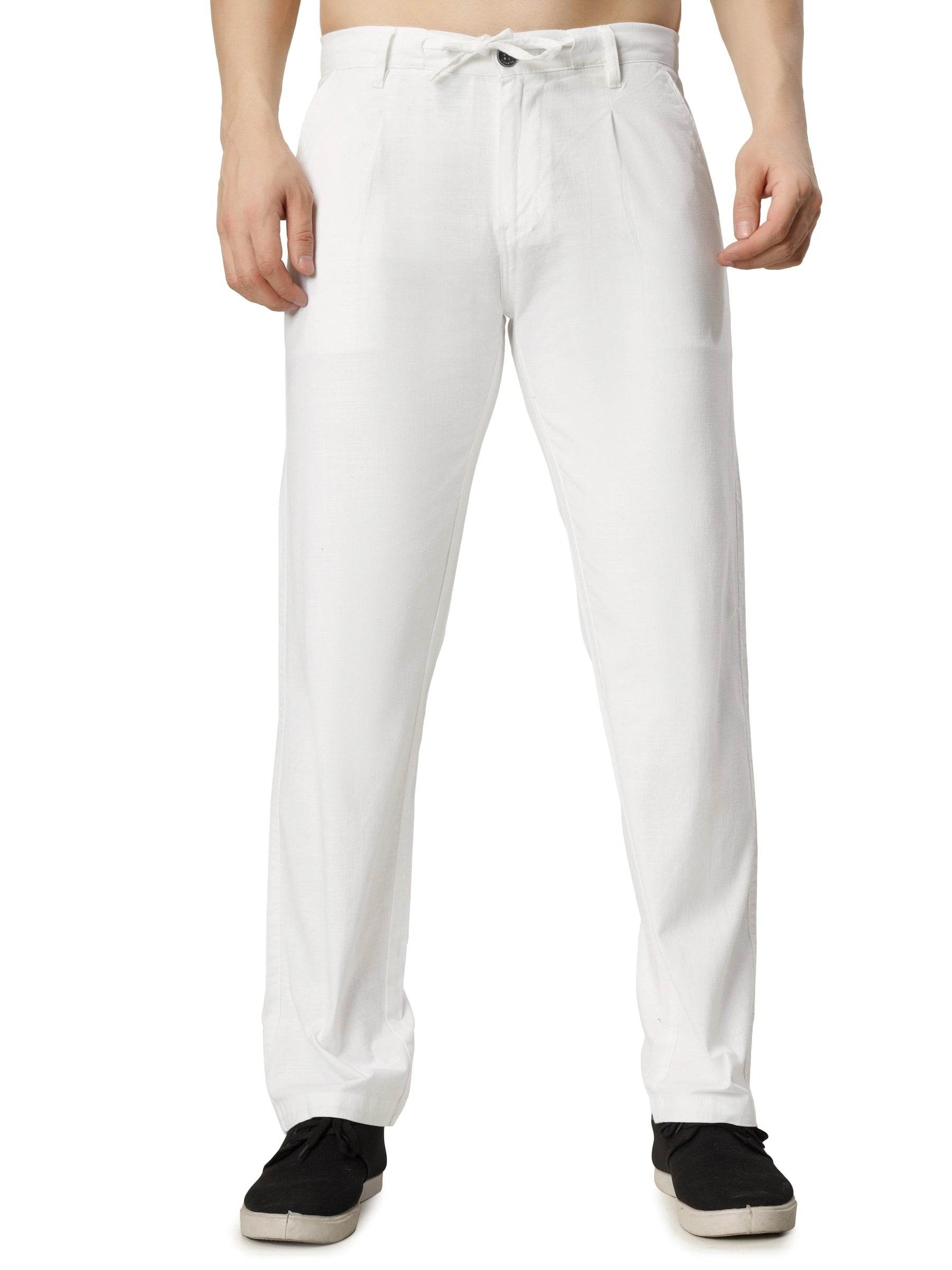Linen Draw-String Comfort Fit Stretchable Trouser – White - Flaked