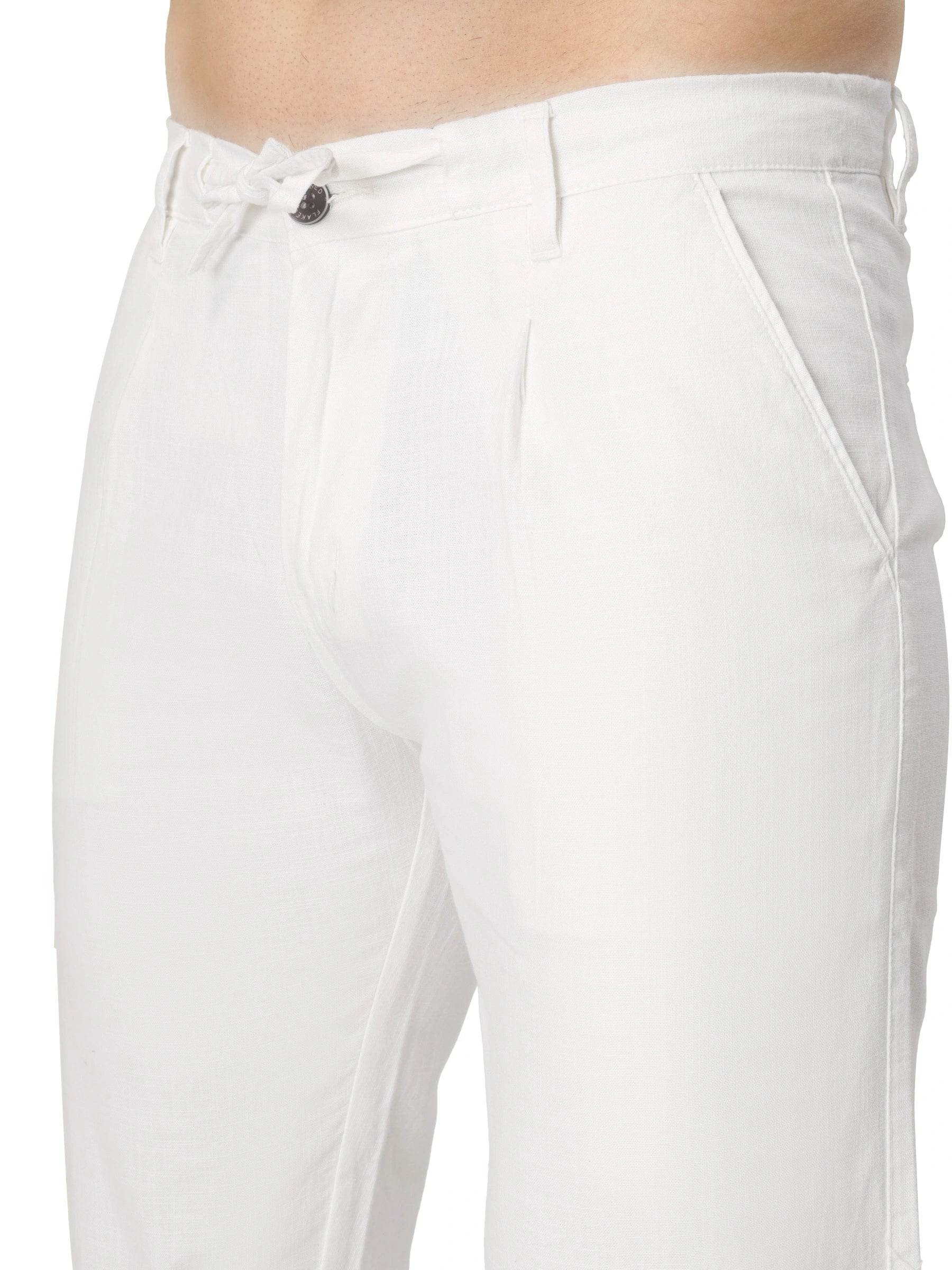 Linen Draw-String Comfort Fit Stretchable Trouser – White - Flaked