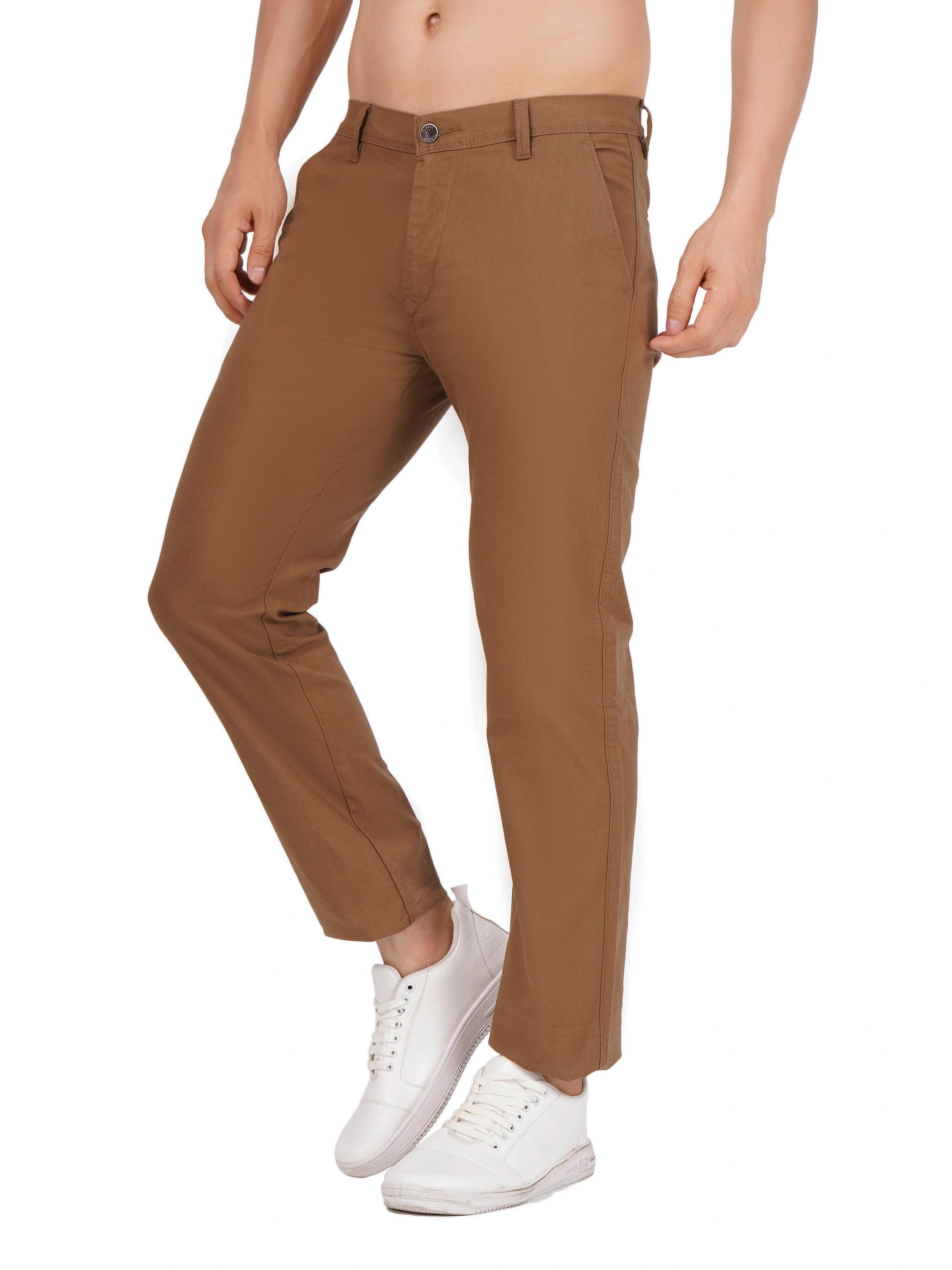 Linen Regular Fit Stretchable Trouser – Brown Bear - Flaked