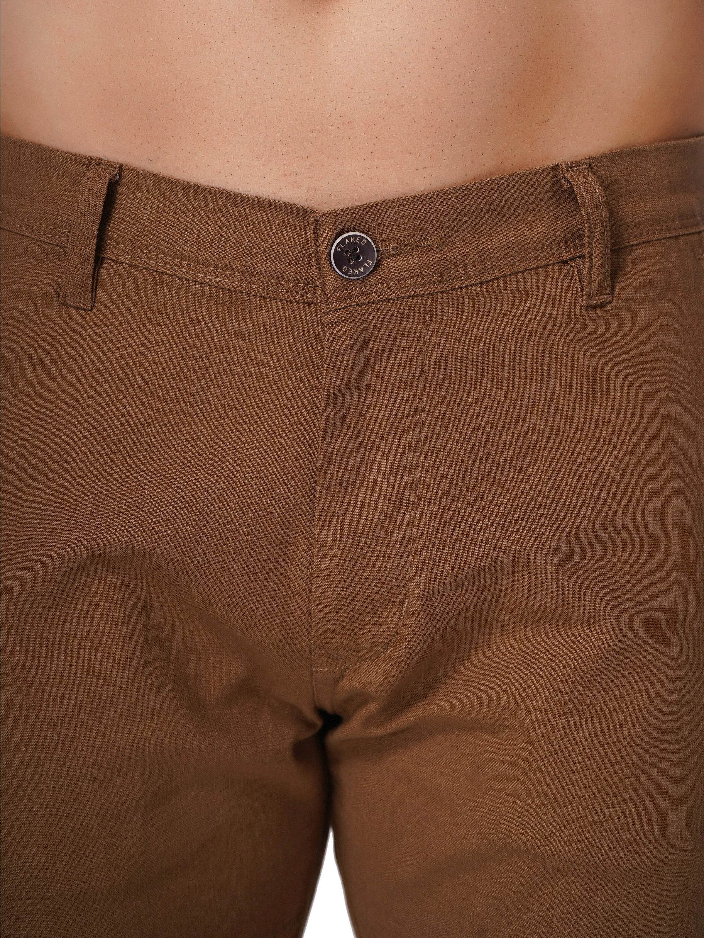 Linen Regular Fit Stretchable Trouser – Brown Bear - Flaked
