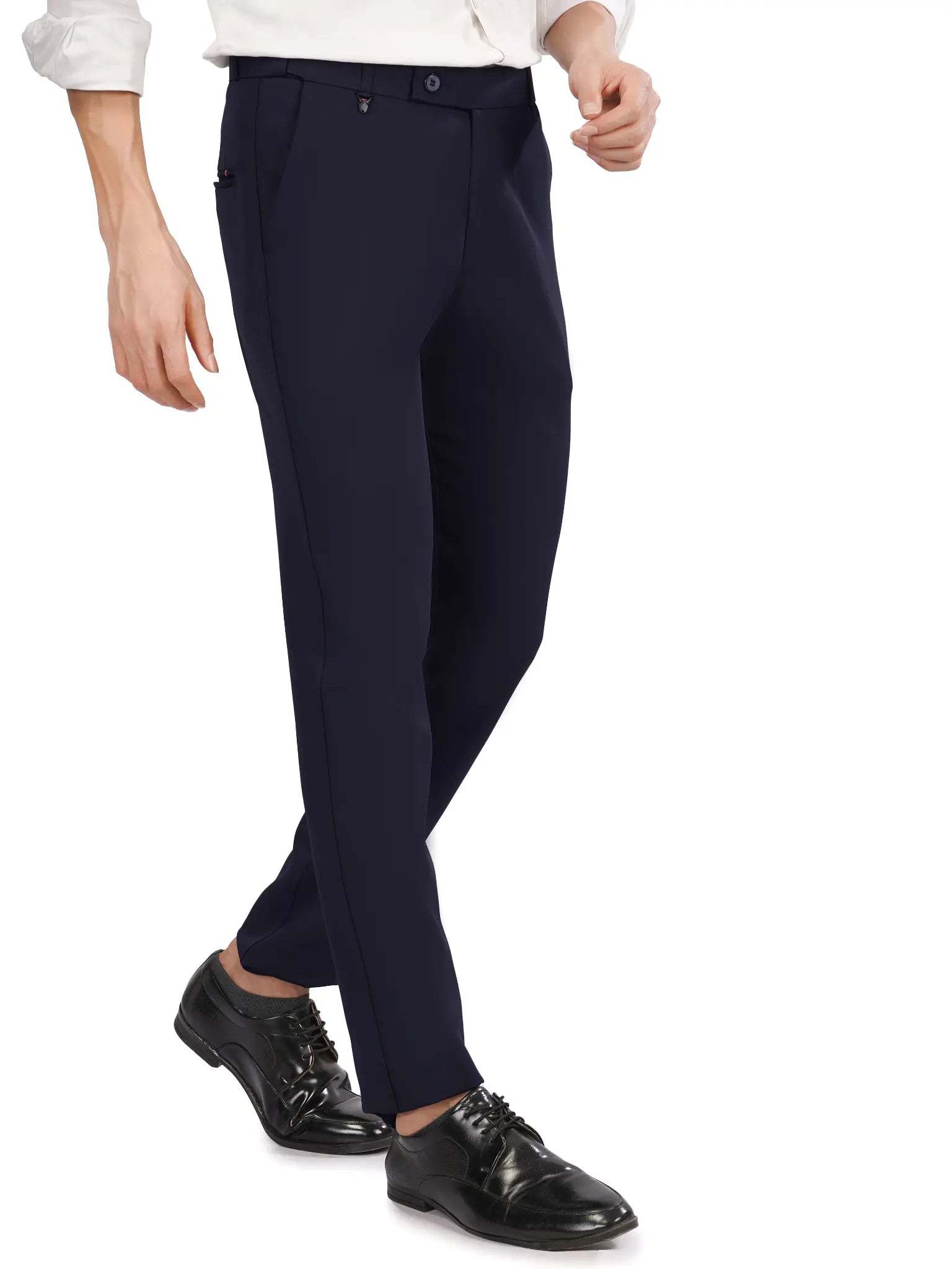 FLAKED FLEXI BELT REGULAR FIT STRETCHABLE FORMAL PANTS OCEAN NAVY