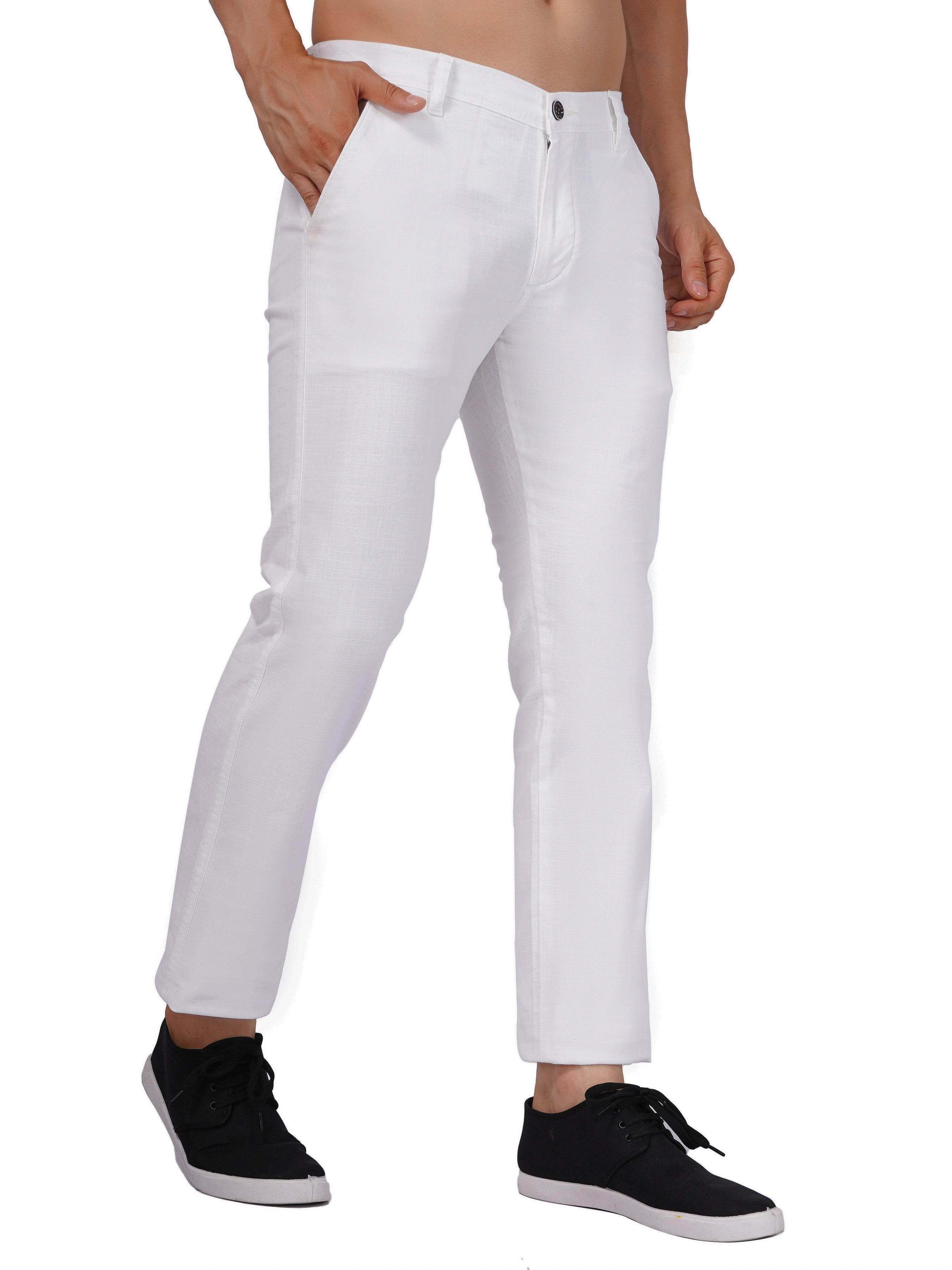Linen Regular Fit Stretchable Trouser – White - Flaked