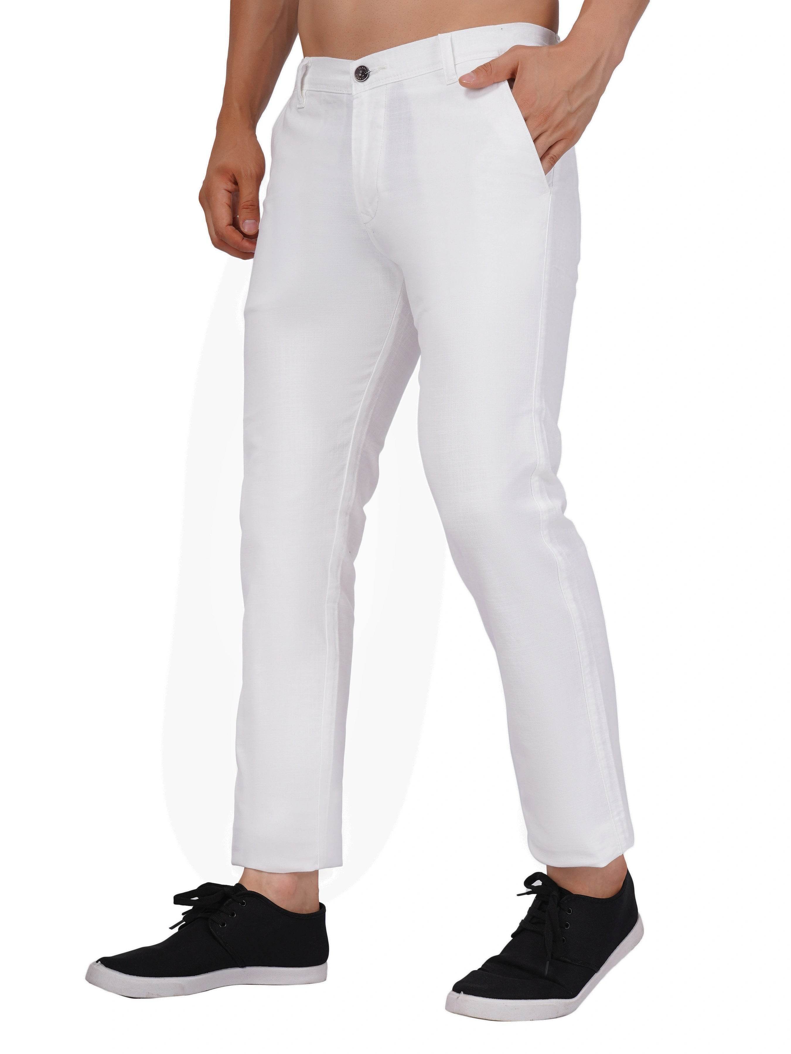 Linen Regular Fit Stretchable Trouser – White - Flaked