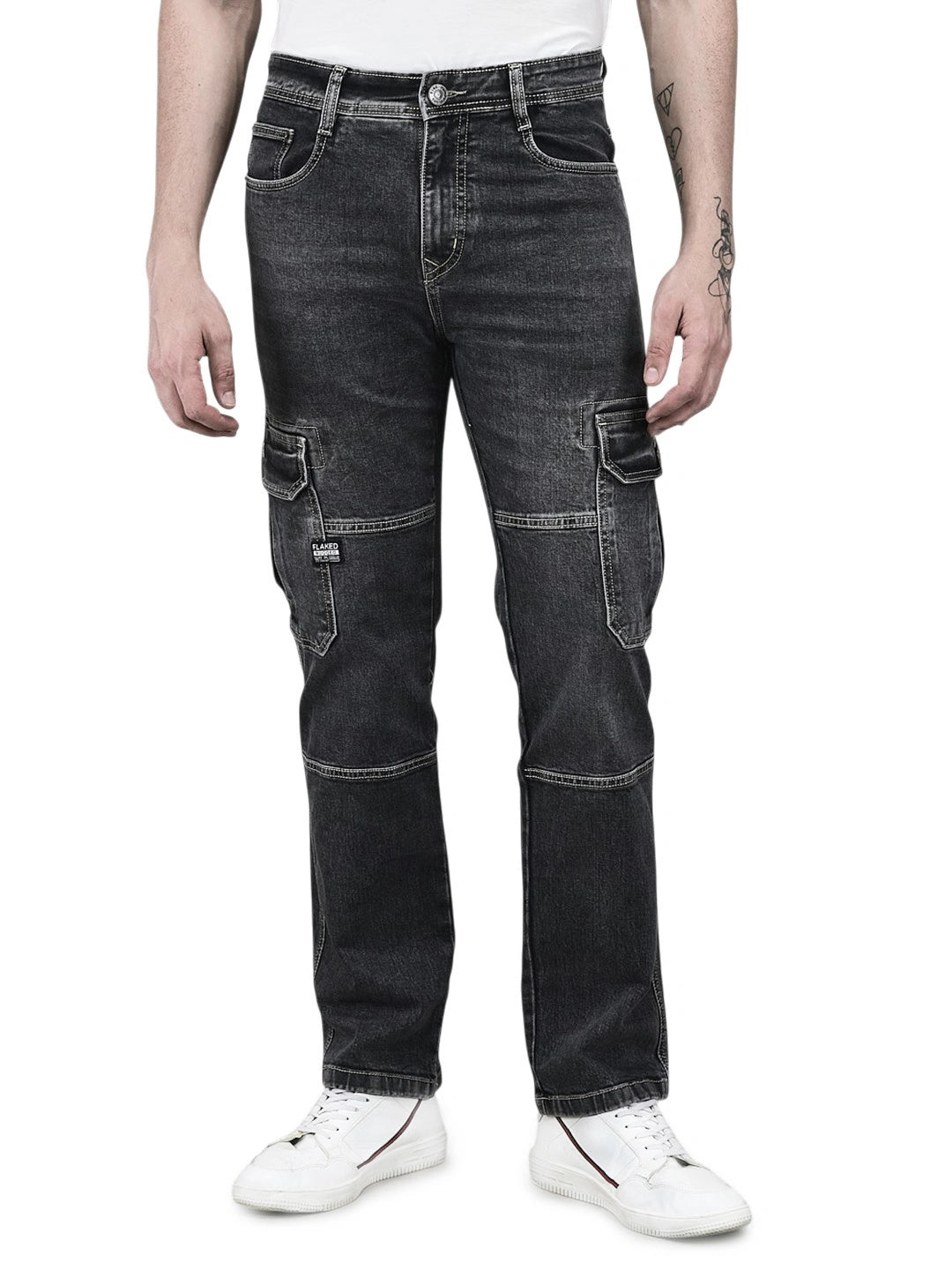 Flaked Denim Cargo Relaxed Fit Jeans