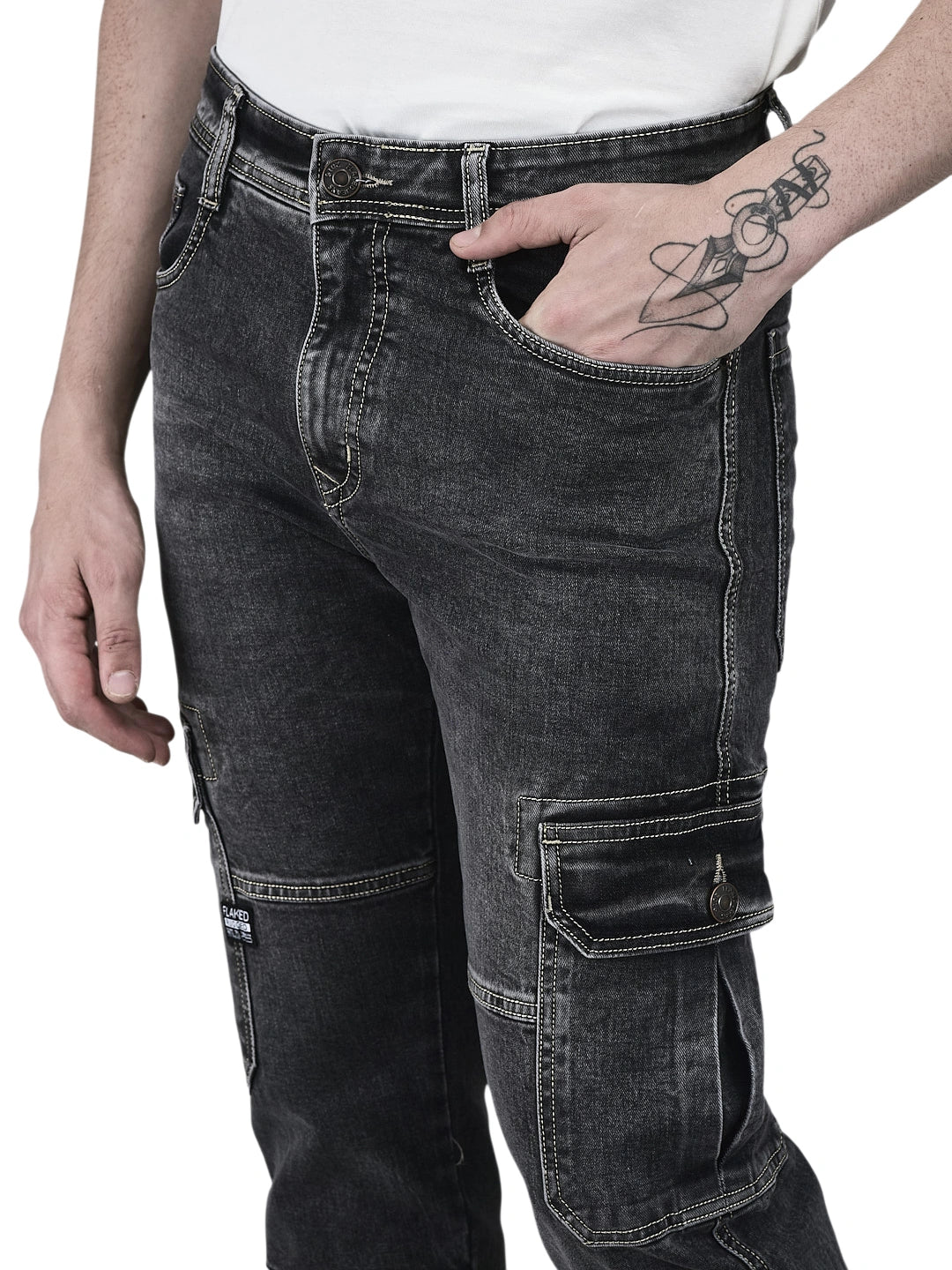 Flaked Denim Cargo Relaxed Fit Jeans