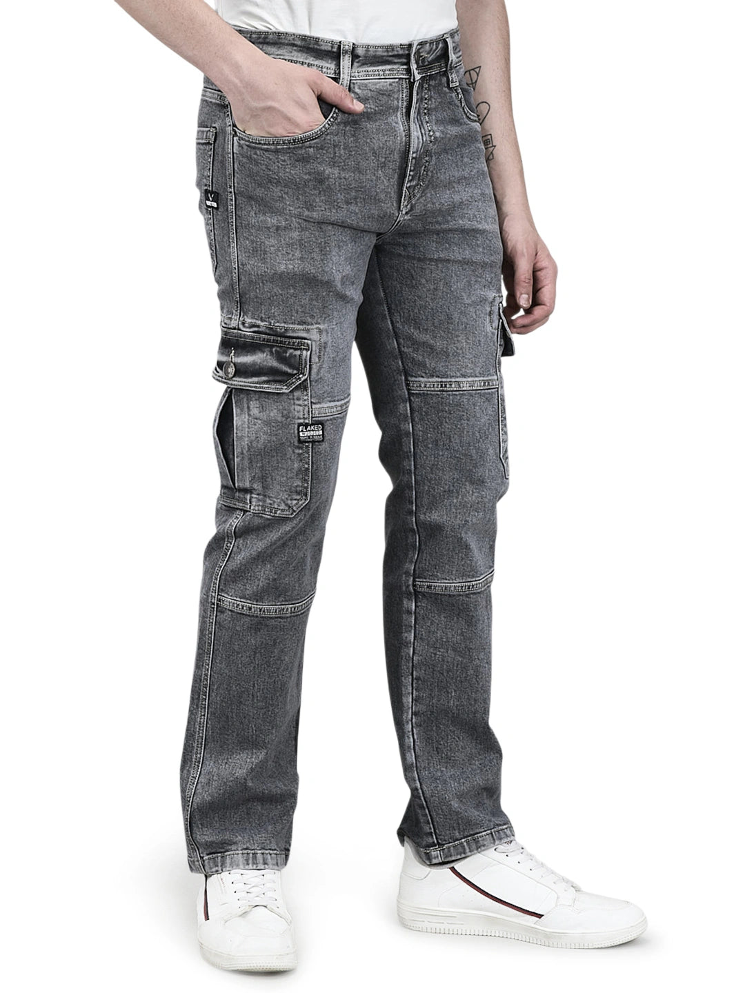 Flaked Denim Cargo Relaxed Fit Jeans
