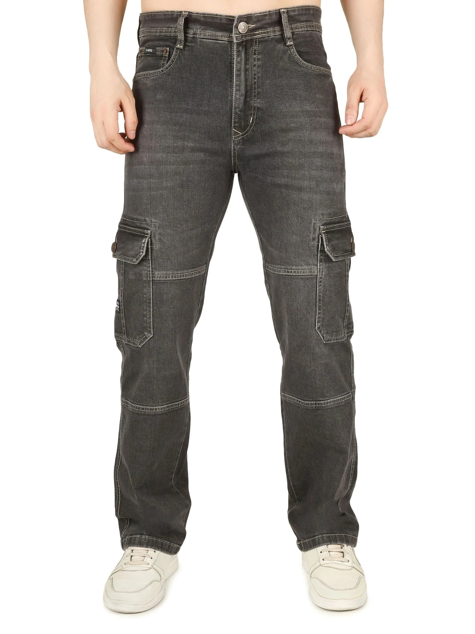 Denim Cargo Relaxed Fit Jeans with Flap Pocket - Charcoal Noir