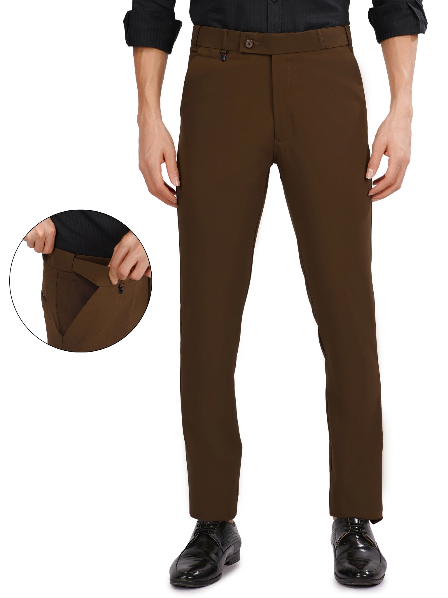 Flexi Belt Regular Fit Stretchable Formal Pant – Rust Brown