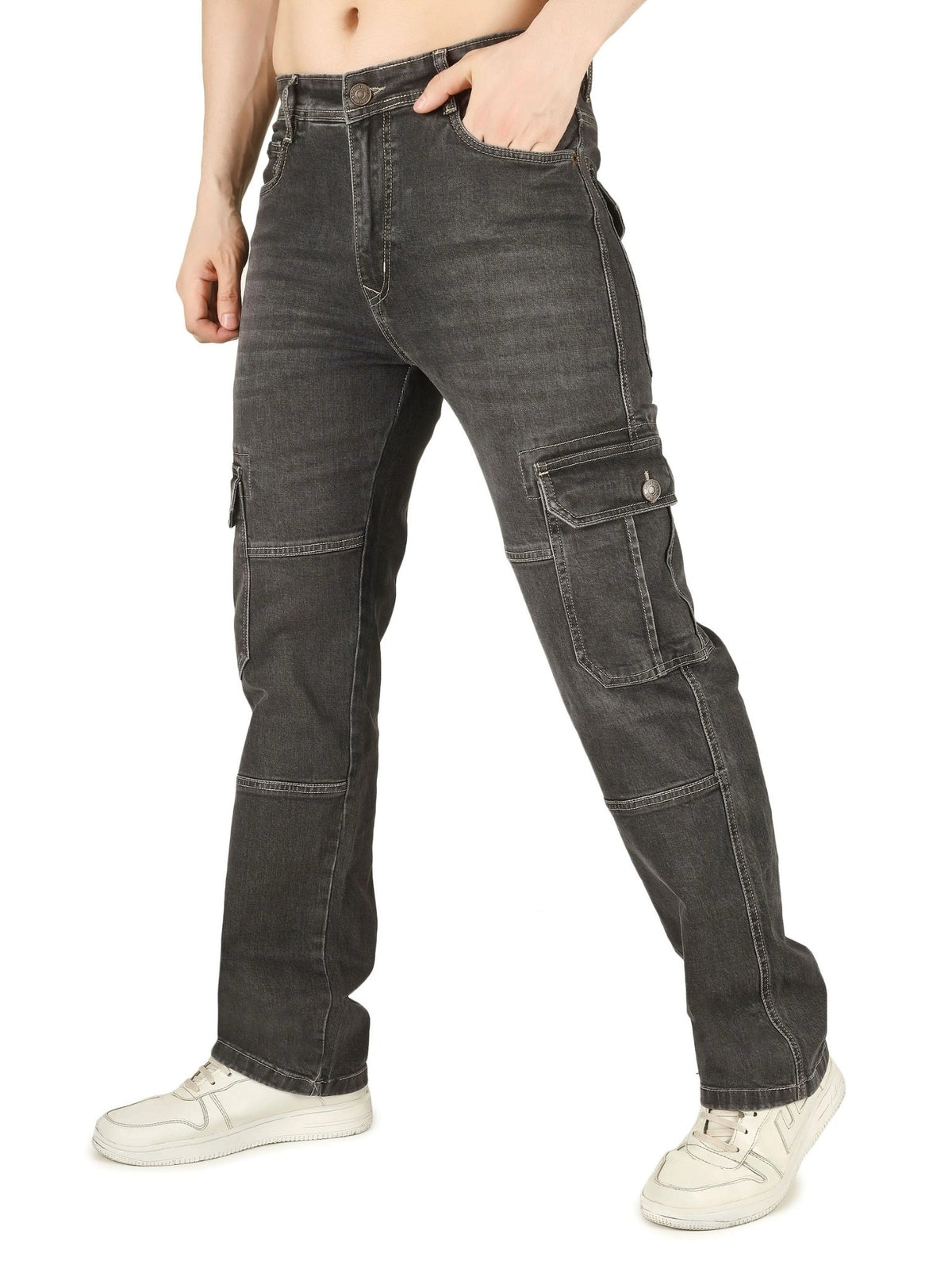FLAKED Denim Cargo Relaxed Fit Jeans with Flap Pocket - Charcoal Noir