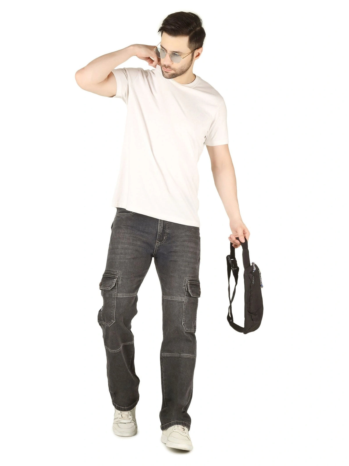 FLAKED Denim Cargo Relaxed Fit Jeans with Flap Pocket - Charcoal Noir