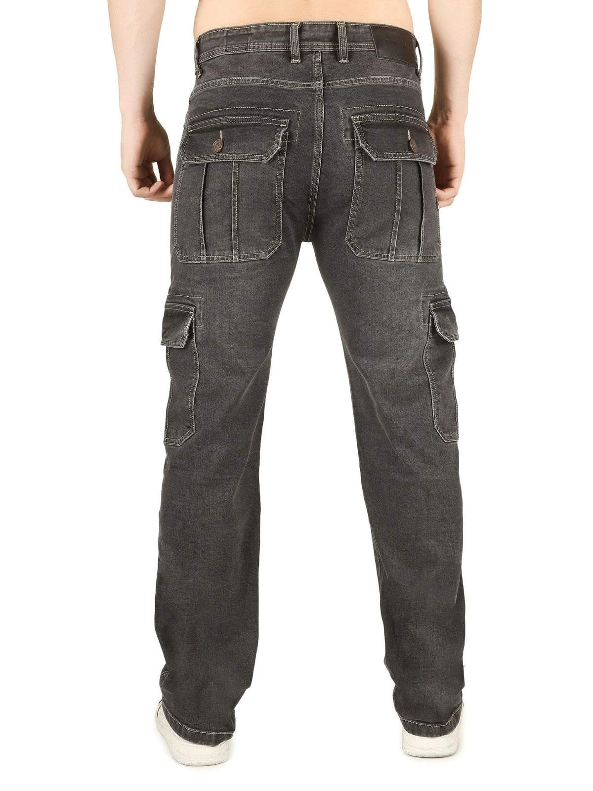 FLAKED Denim Cargo Relaxed Fit Jeans with Flap Pocket - Charcoal Noir