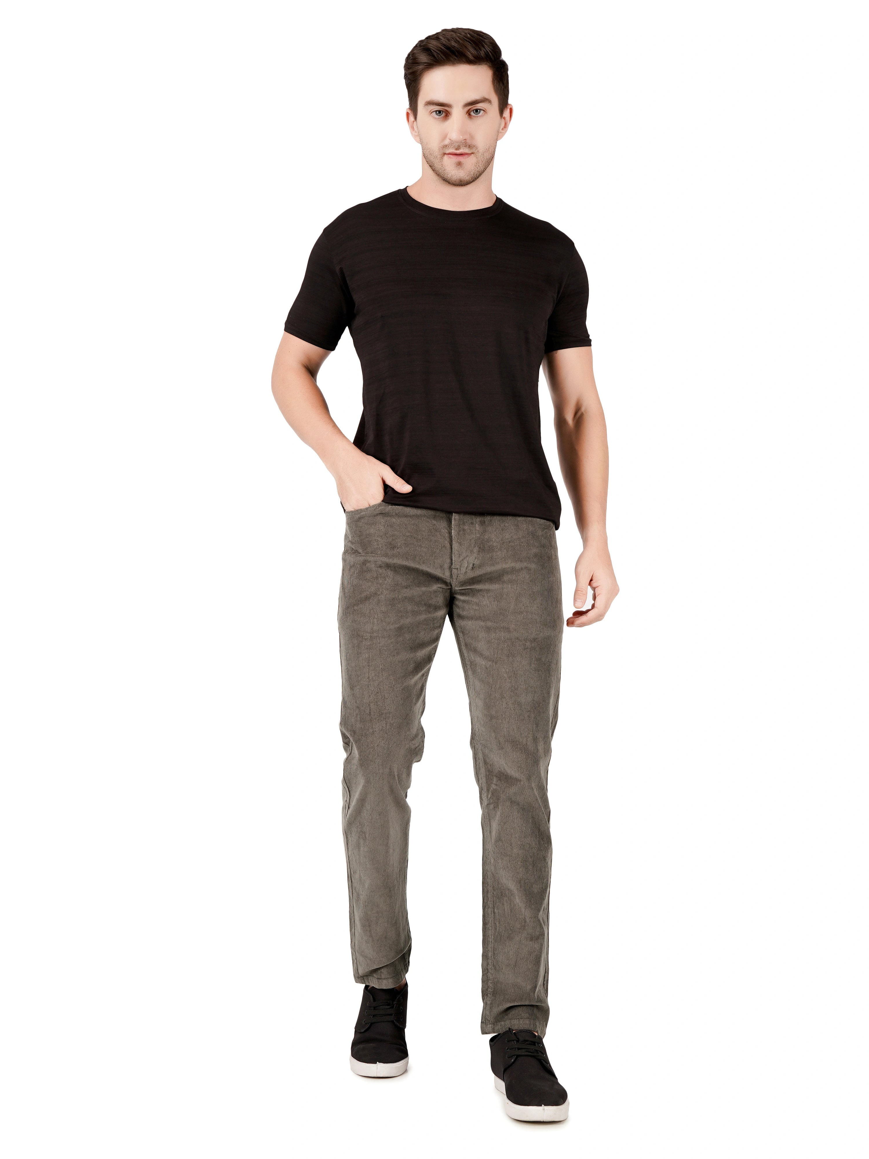 Corduroy Straight Fit  Stretchable Jeans - Stone Grey