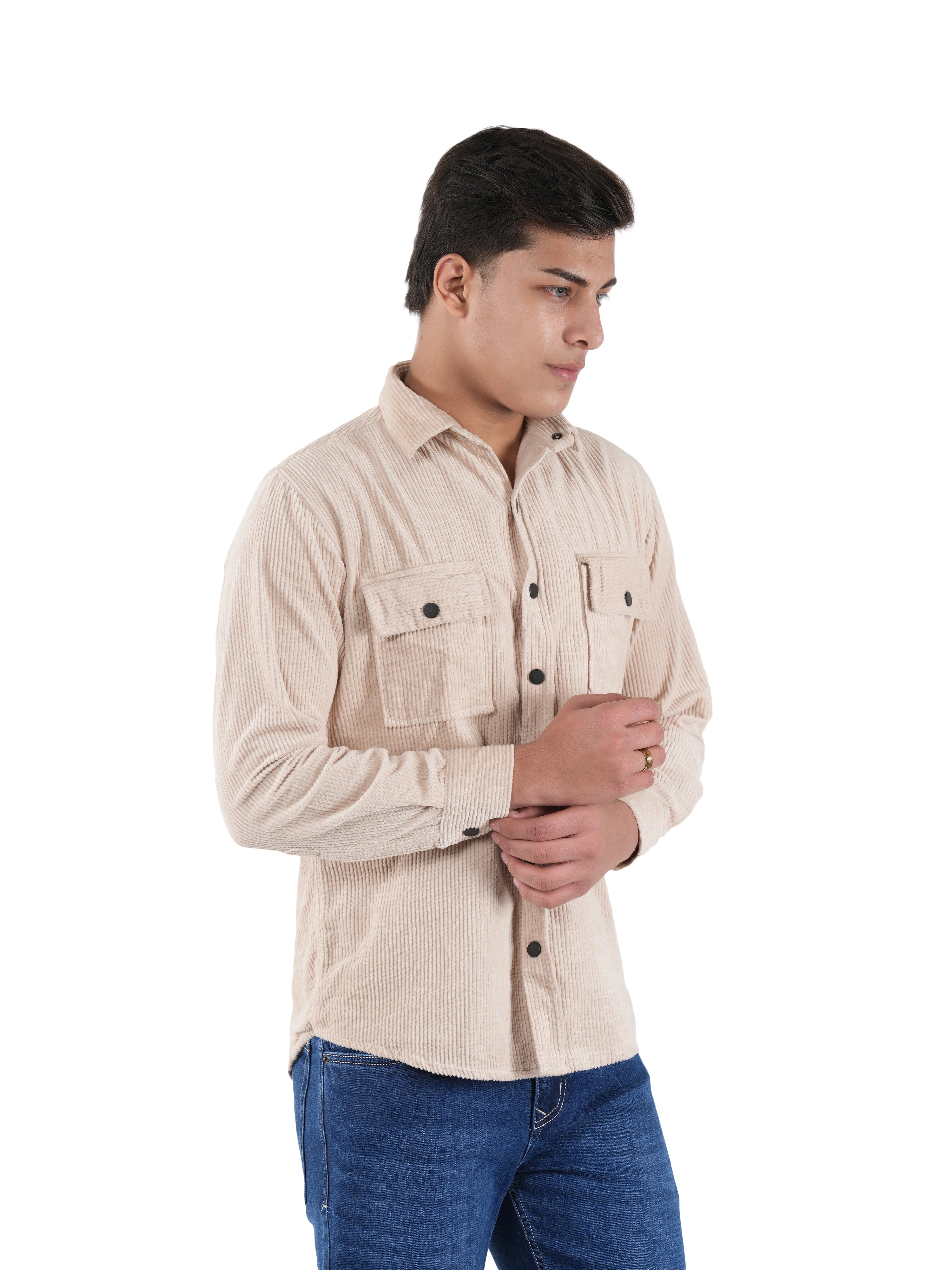 Flaked Corduroy Ivory Cream Mid Wale Shirt