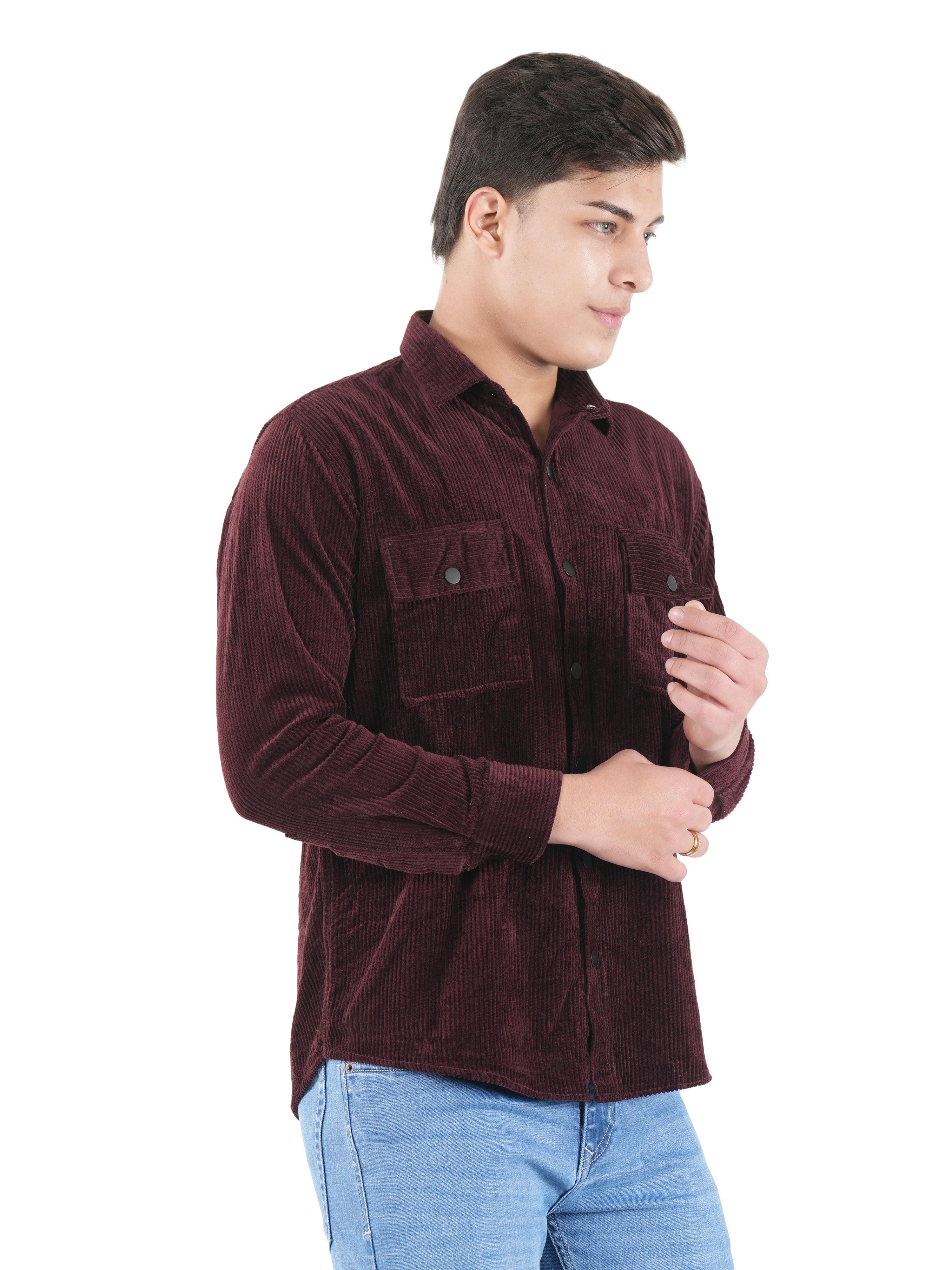 Flaked Corduroy Wine Maroon Mid Wale Shirt