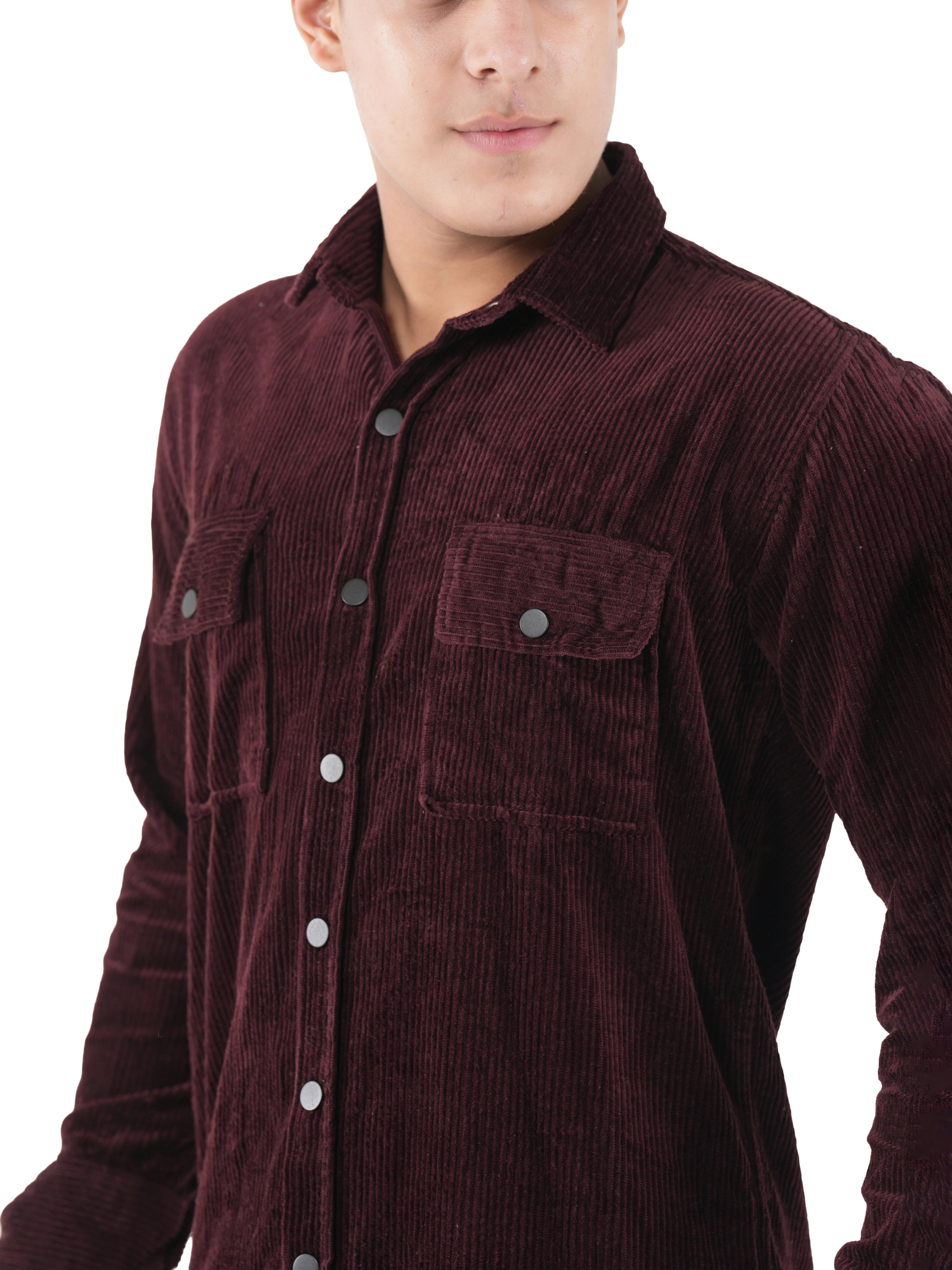 Flaked Corduroy Wine Maroon Mid Wale Shirt