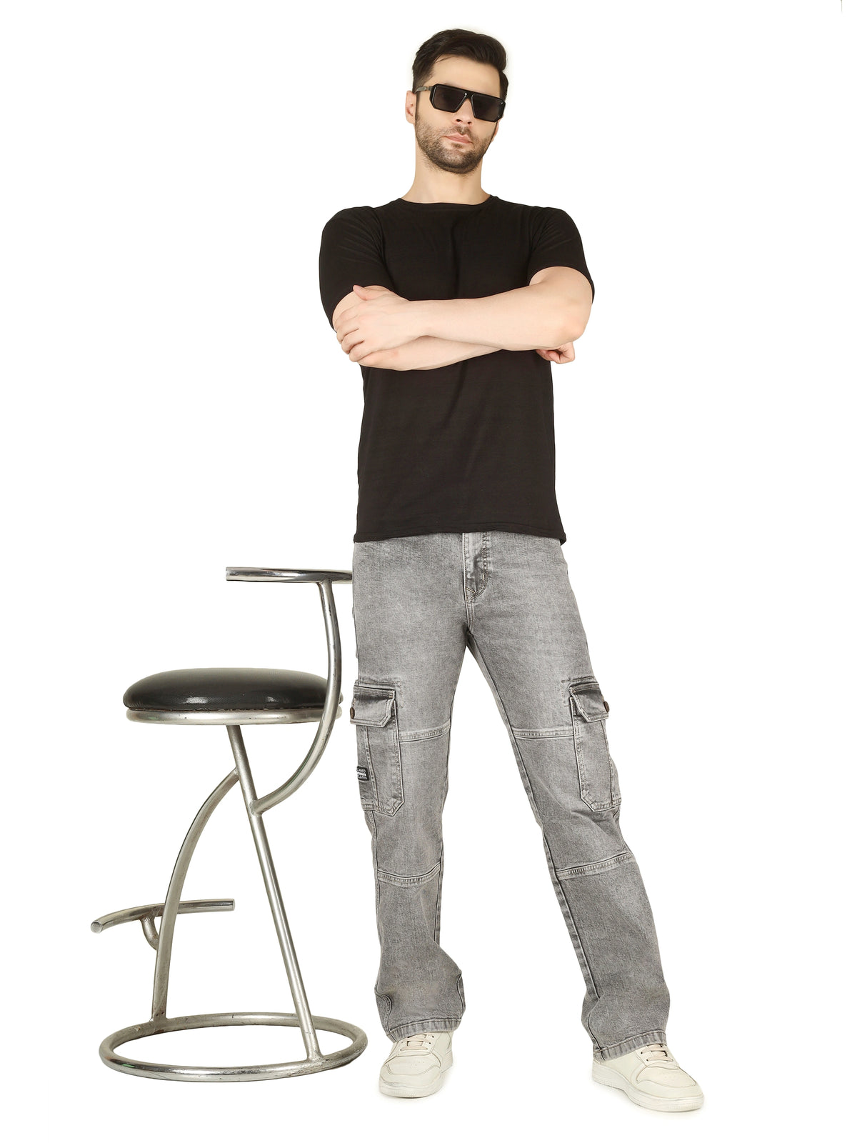 FLAKED Denim Cargo Relaxed Fit Jeans with Flap Pocket - Cloud Grey