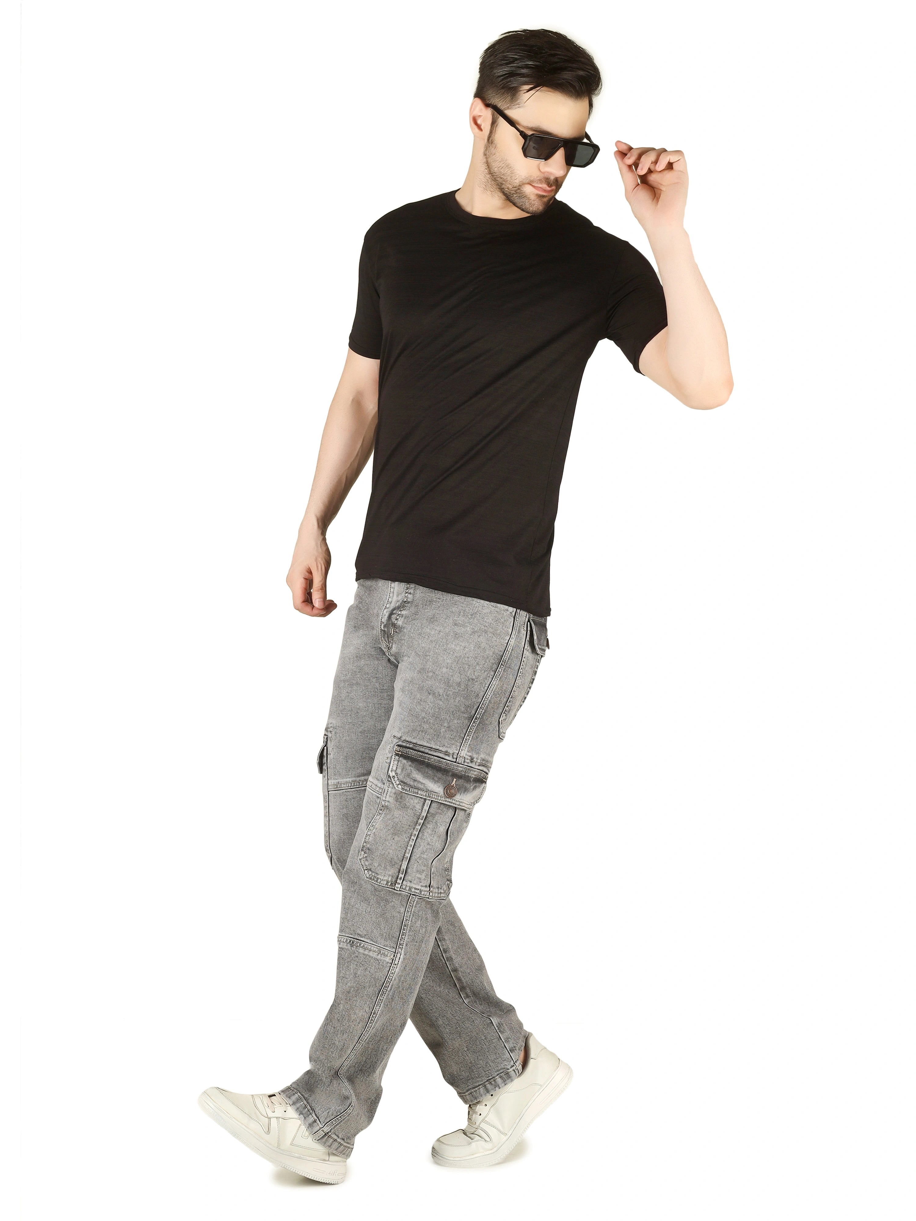 Denim Cargo Relaxed Fit Jeans with Flap Pocket - Cloud Grey