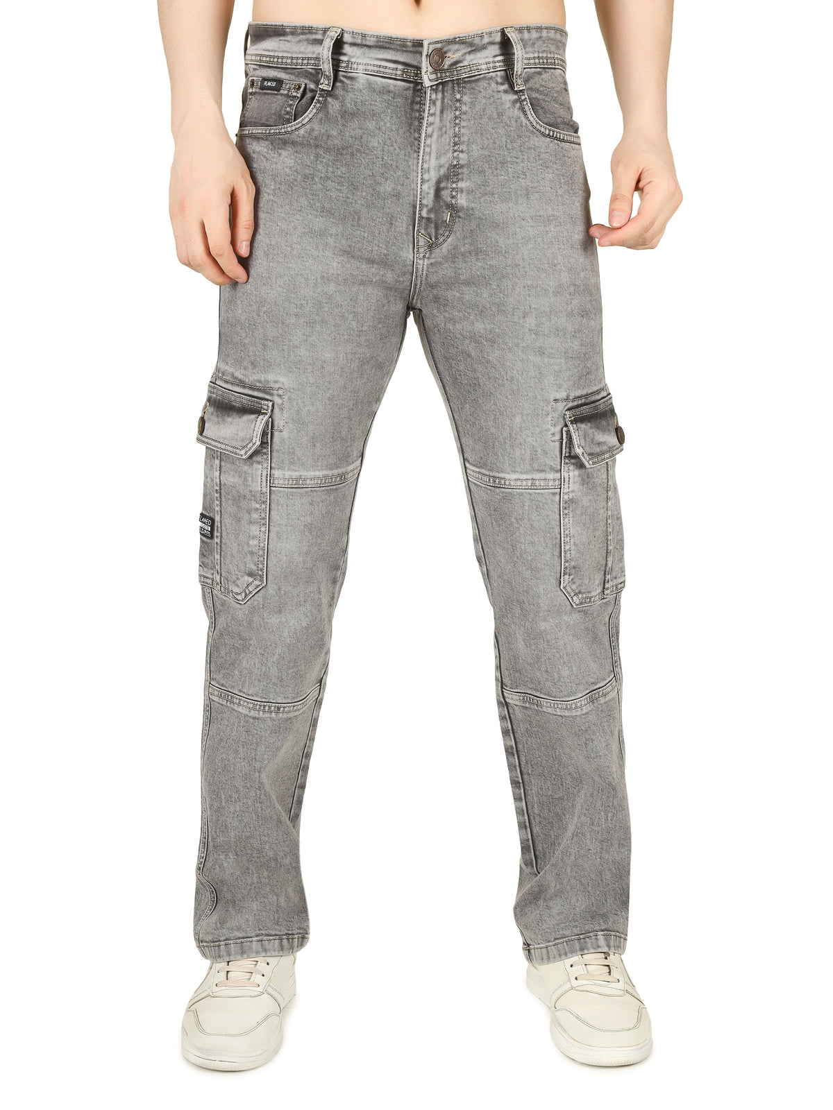 Denim Cargo Relaxed Fit Jeans with Flap Pocket - Cloud Grey
