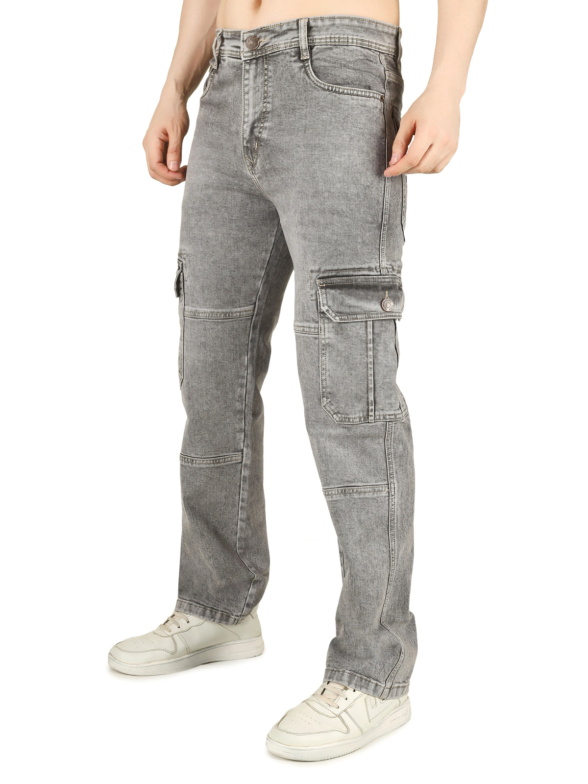 FLAKED Denim Cargo Relaxed Fit Jeans with Flap Pocket - Cloud Grey