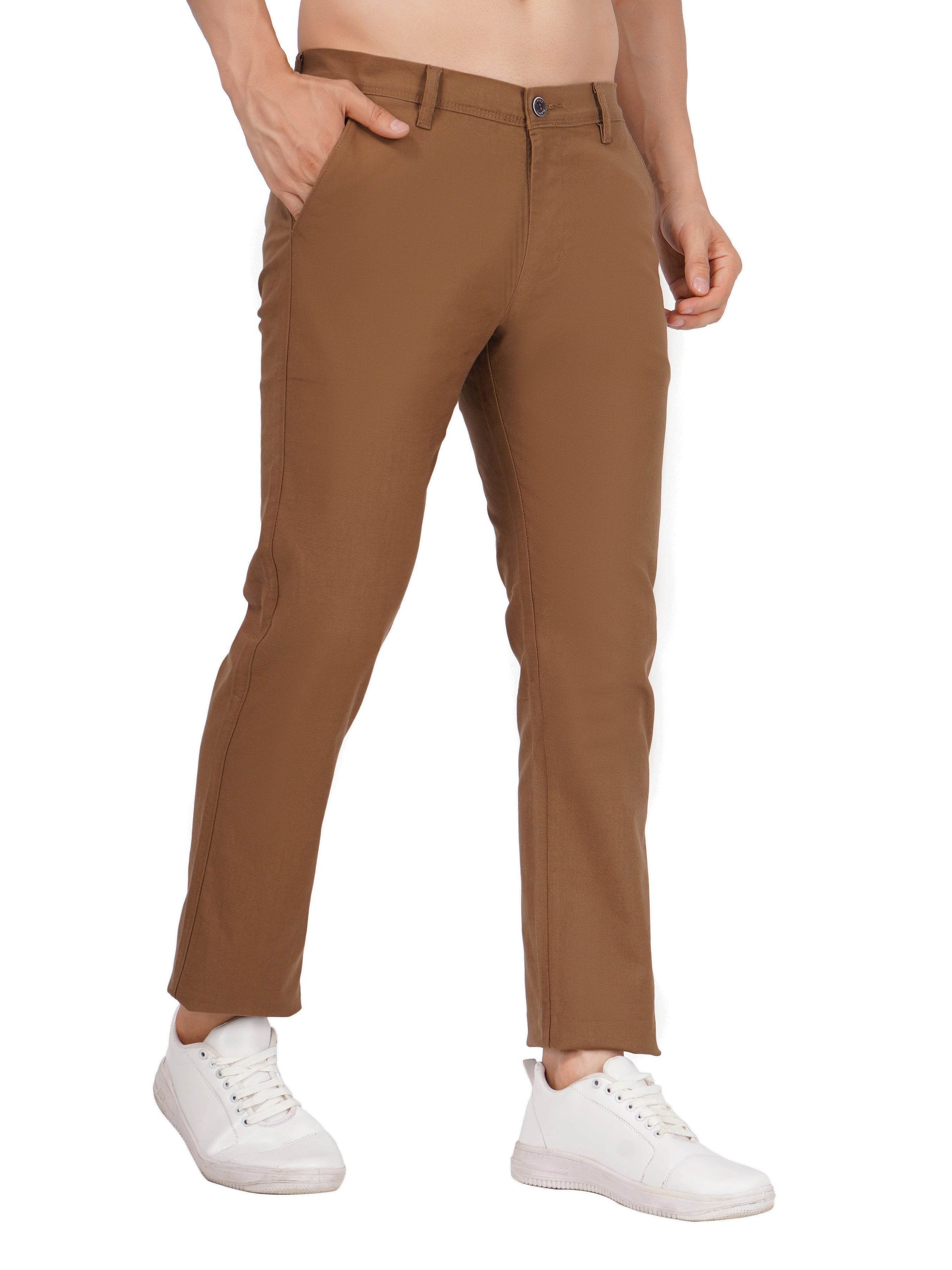 Linen Regular Fit Stretchable Trouser – Brown Bear - Flaked
